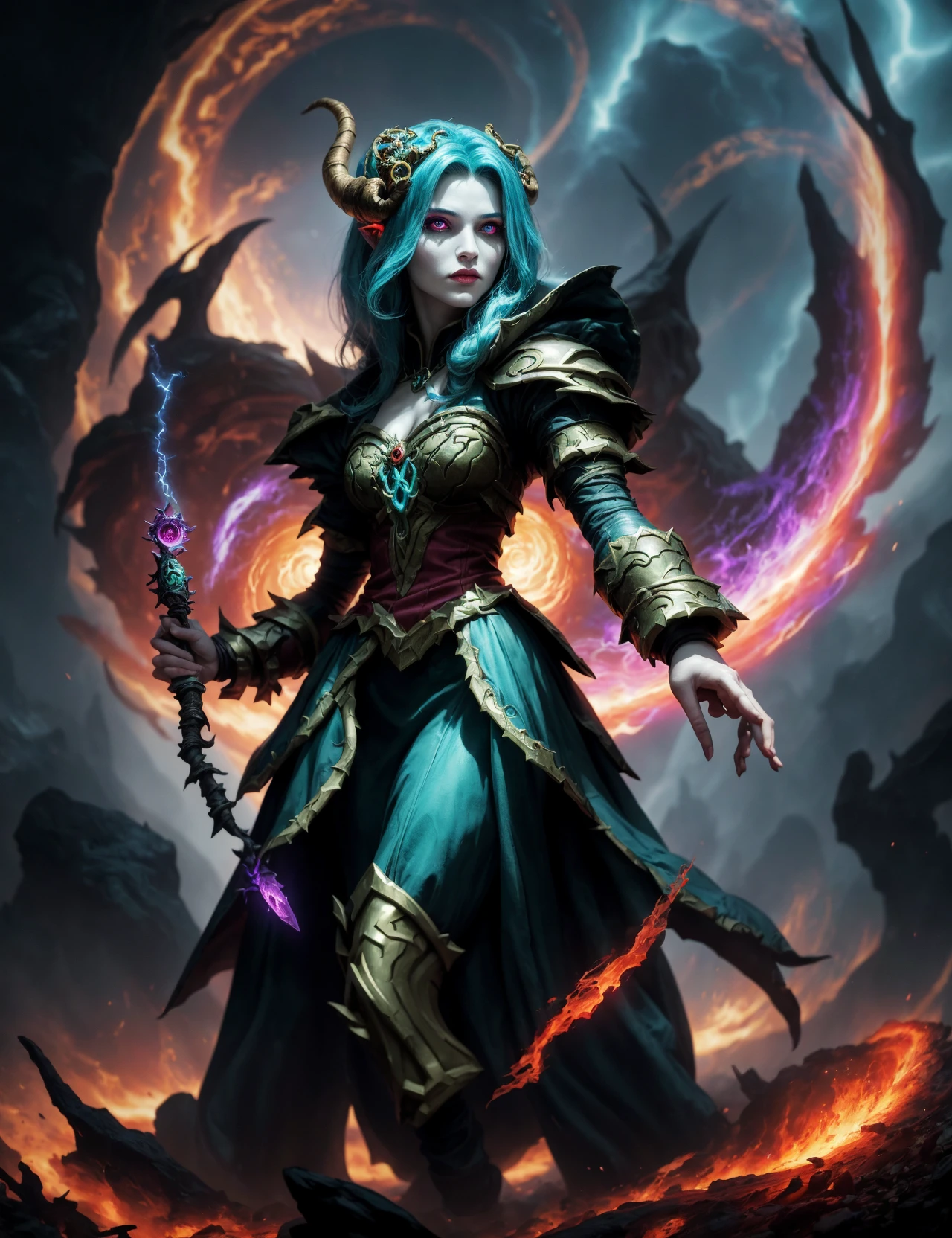 Generate a stunning art style, a true [masterpiece] [best quality] of art. The image showcases [detailed linework], [dynamic shading], and [dramatic lighting], bringing to life a [dreading atmosphere, grim dark coloures] . In the background a [gothic castel, warhammer fantasy] is to be seen in [grand:1.8, high-scale:1.8, panorama:1.8] from [from below]. A [((thunder storm:1.2)), midnight, horror ambiance] is raging.
Morathi ,  solo is [full body view:1.5, standing, front view, evil smile glance ]. she  is wearing [black hair, very long hair, braid, lipstick, makeup, black eyeshadow, smokey eyes, horns, ultra detailed symmetric balanced helmet, dark magenta symmetric bikini armor, pauldrons, pelvic curtain, vambraces, [pale | purple skin]] . She is casting  [black magic].
<lora:Morathi:1> <lora:more_details:1>