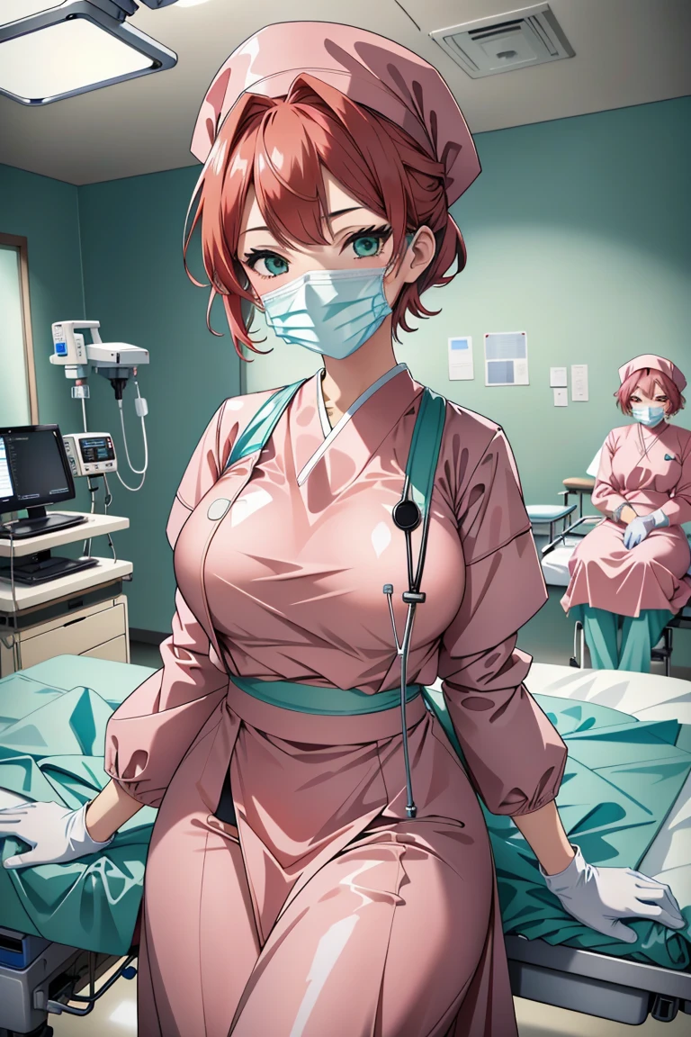 ((masterpiece, best quality,lower_body)), operating table,medical monitors,hospital bed, <lora:Kazumi Takayama:0.7> (kazumi takayama, short hair, green eyes, red hair, large breasts),  (bloody_surgeon_v1.0, gloves, mask, surgical mask,surgical cap, stethoscope,latex,long sleeves), blood on face, blood on clothes, <lora:surgical_v3:0.8> (surgical_uniform_3.0, surgical mask, gloves,surgical cap,long sleeves),