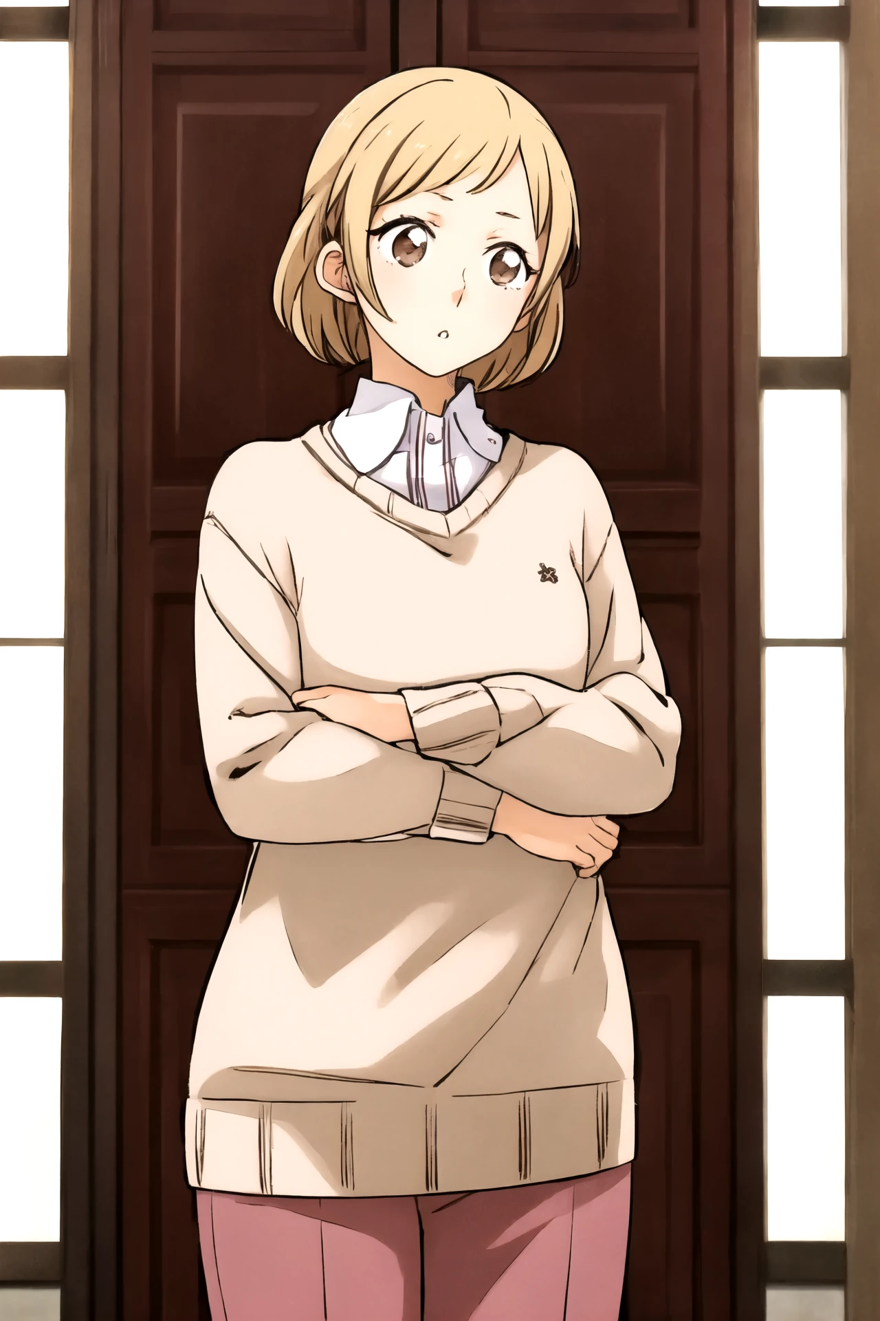<lora:KindredSpiritsontheRoofStyle2:1> 1girl, solo, blonde hair, sweater, ribbed sweater, brown eyes, cowboy shot,