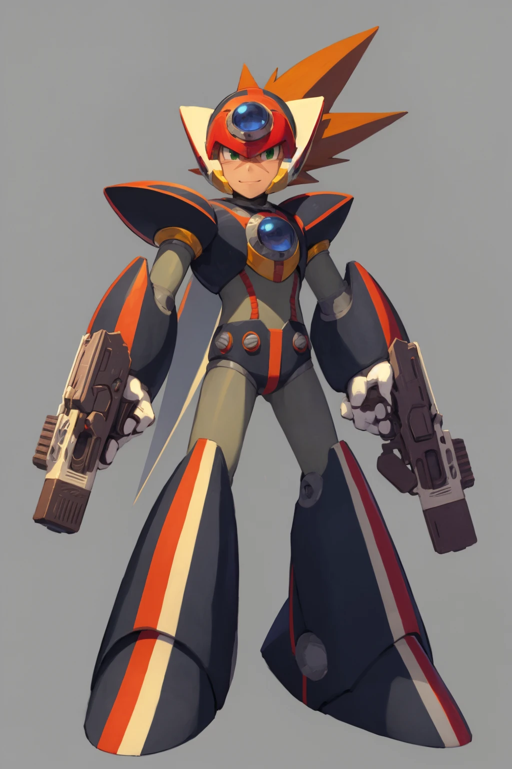masterpiece, best quality,
1boy, axl, brown hair, spiked hair, hair between eyes, green eyes, helmet, scar, android, armor, closed mouth, robot, holding gun,
smile, standing, full body, solo, looking at viewer, simple background, solid grey background <lora:Axl:1>