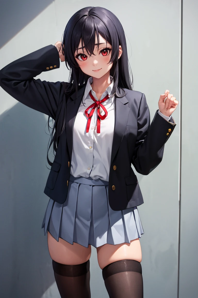 masterpiece, best quality, absurdres, 1girl, solo, black hair, long hair, red eyes, thighs, thighhighs, SakuragaokaWinter, sakuragaoka high school uniform, open jacket, white shirt, long sleeves, neck ribbon, grey skirt, smile, <lora:SakuragaokaHighSchoolUniform:1.0>