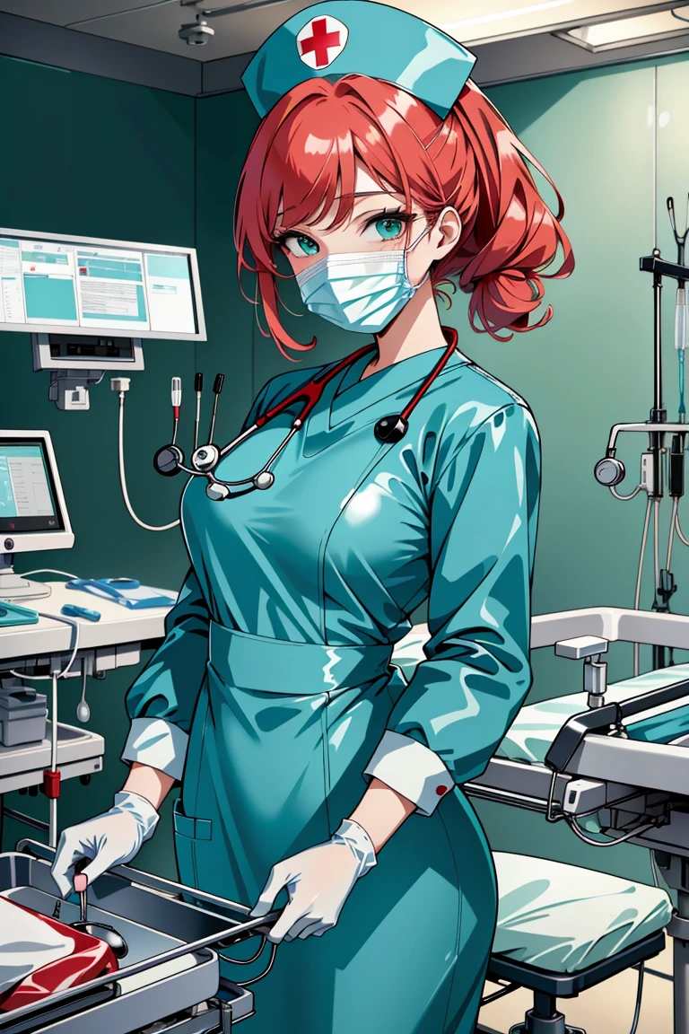 ((masterpiece, best quality,lower_body)), operating table,medical monitors,hospital bed, standing, <lora:Kazumi_Takayama_v1.2-000006:0.8>  (kazumi takayama,red hair,green eyes), <lora:surgical_nurse_v1:0.8> (surgical_nurse_v1.0, nurse cap, nurse, latex, stethoscope, latex gloves, surgical mask),