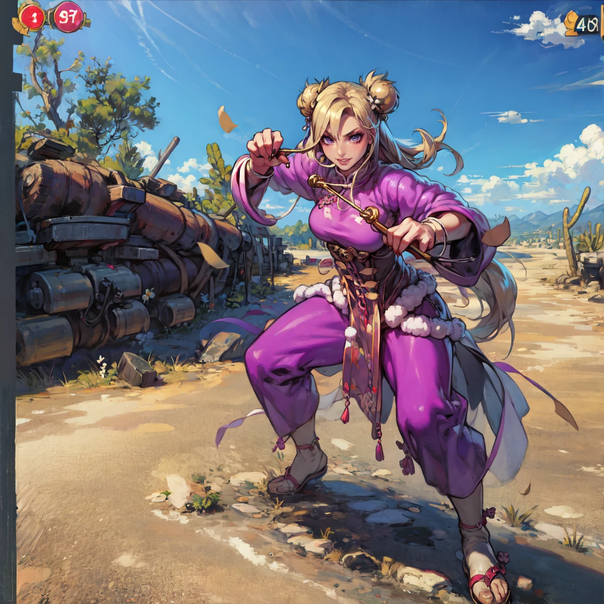masterpiece, anime screencap, 1 girl, solo, long hair, blonde hair, chinese clothes, purple clothes, full body, cowboy shot, outdoors, claws, desert, smug, teeth, fighting pose, <lora:xie_yingluo:1>