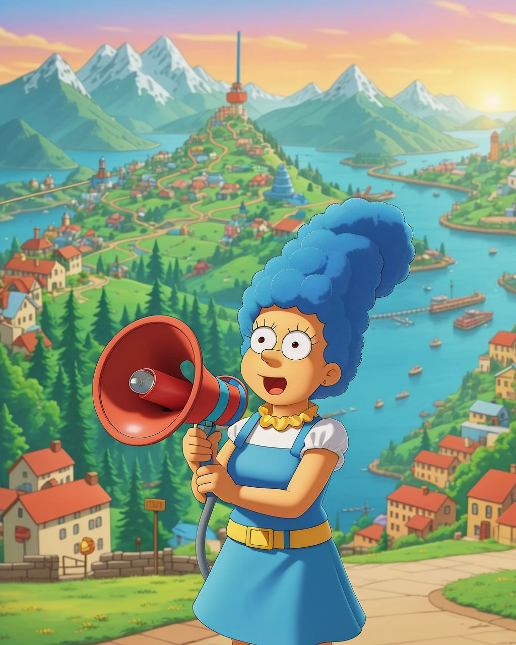 Marge Simpson holding a megaphone in her hand with her town in the background <lora:SD15-Megaphone-LoRA:0.8>