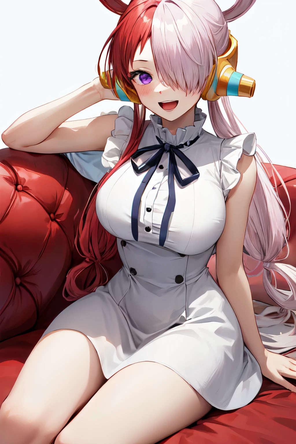 utaop, :d, ribbon, open mouth, solo, dress, sitting, purple eyes, 1girl, headphones, teeth, white background, smile, blush, white dress,large breasts,hair over one eye<lora:uta_one_piece:0.8>