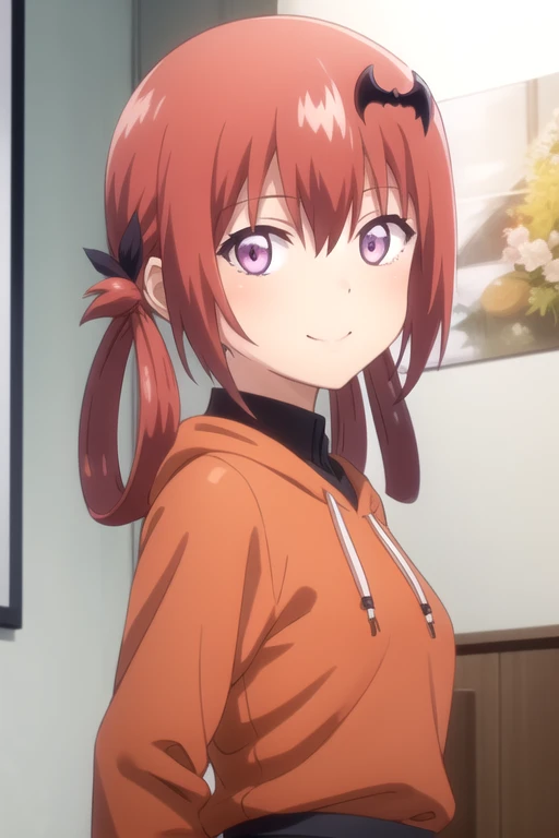 ((masterpiece)),(best quality),official art,extremely detailed CG,unity 8k wallpaper,ultra detailed,beautiful detailed eyes,extremely detailed face,indoors,1girl,solo,upper body,(portrait:1.5),looking at viewer,facing viewer,smile,long hair,red_hair,hair_rings,black_ribbon,bat_hair_ornament,sidelocks,hair between eyes,purple_eyes,orange_hoodie,long_sleeves,medium_breasts,blue_shorts,black_socks,loafers,<lora:Satanichia Kurumizawa McDowell(gdp)>,