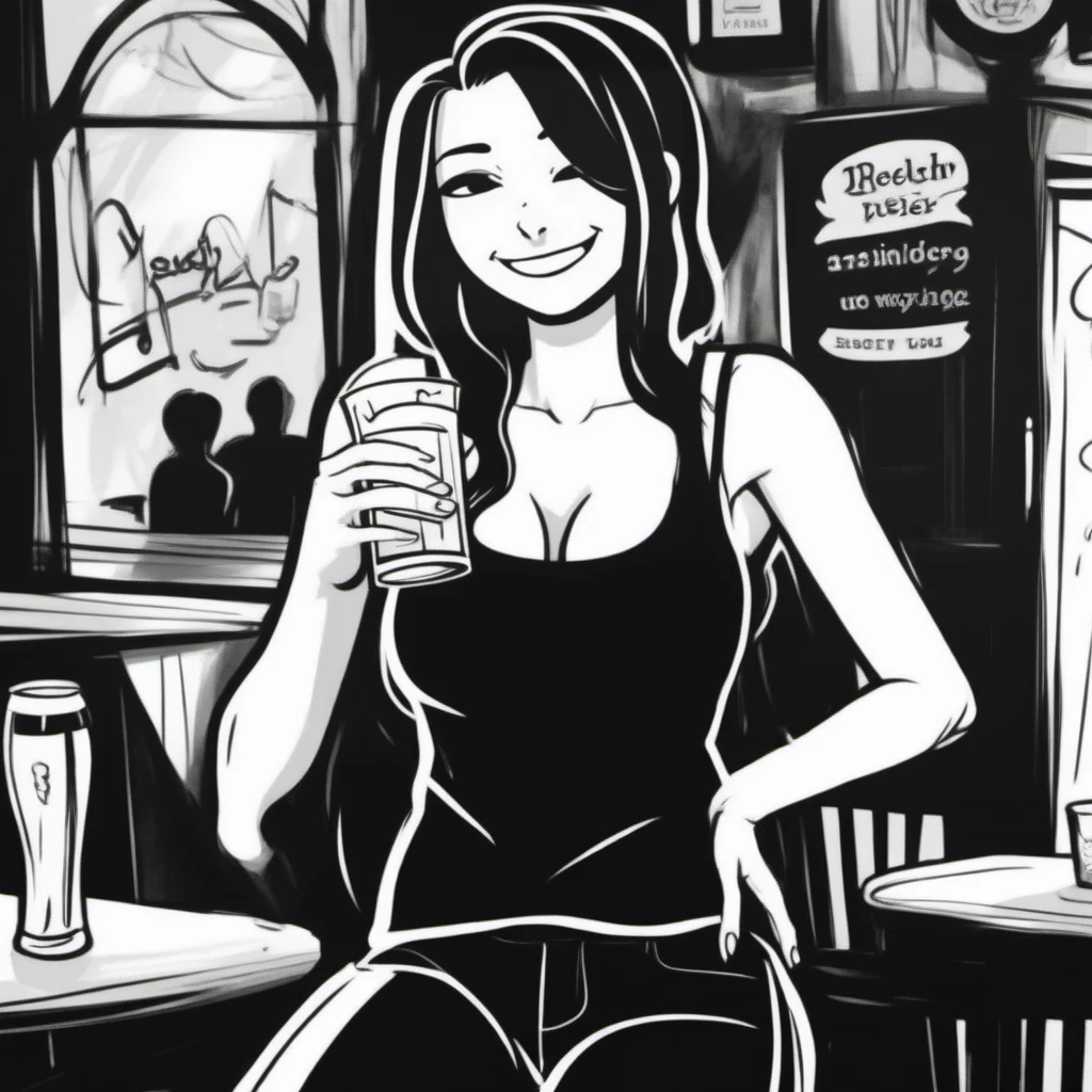 black and white, a woman, full body, smile, black tanktop, black pant, drink a beer in a pub <lora:Nila-Telepurte1024-000130:0.8>