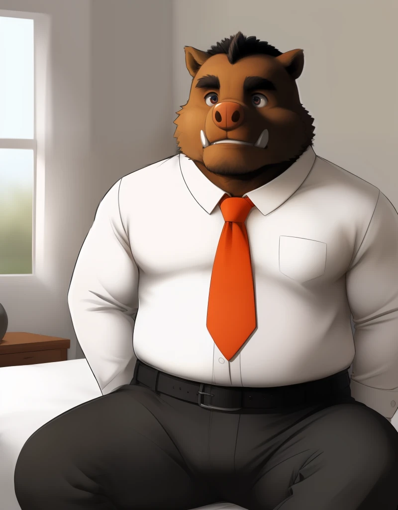 (((detailed eyes, detailed face))), (furry, botan <lora:character_botan_findigo_v2:1>, brown fur, black hair, mohawk, tusks, boar, old man), male, (solo), (plump, fat, chubby, overweight), (white shirt, black pants, orange necktie, belt), sitting, (arms behind back), smile BREAK (konzaburou, ukan_muri, cute), bedroom, (flat shading, flat color, high brightness), 8k, UHD, masterpiece, (full body)