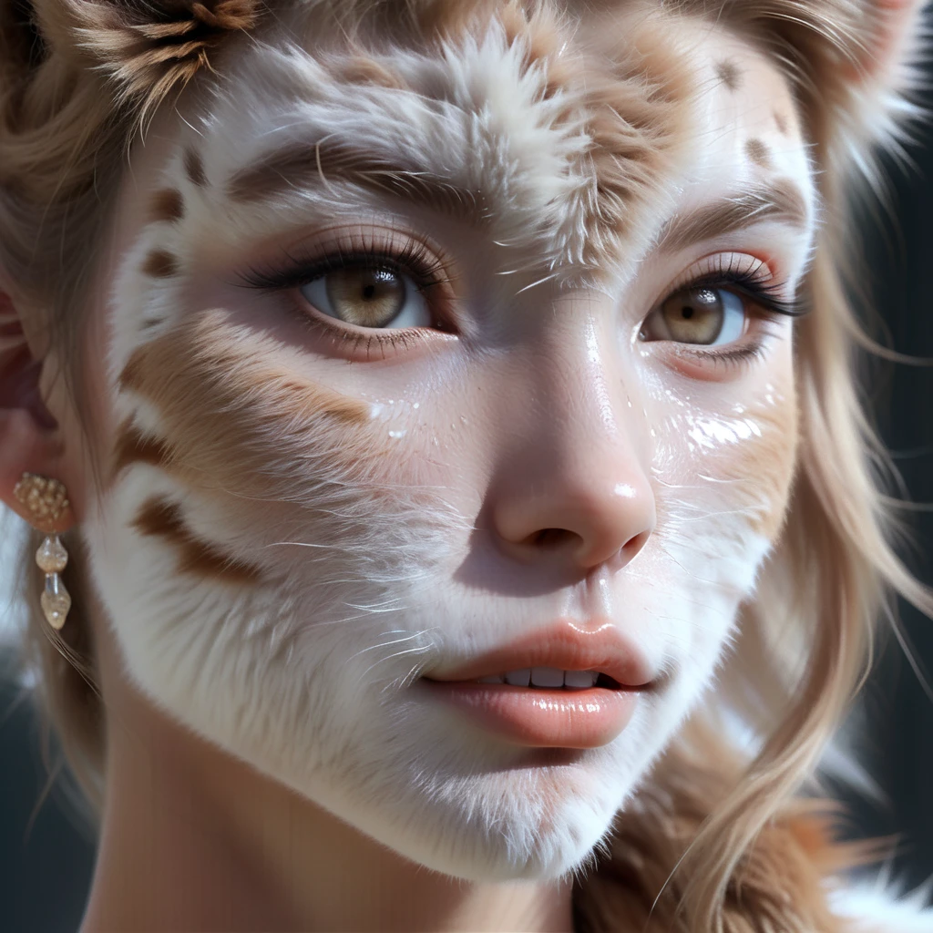 one girl, cheetah ears, , pure, cute naked, topless, a Woman cheetah mix, human Body, big tits, furry and skin, cheetah nose but the Rest of the face ist human, (((whiskers))) big eyes, cheetah fur, bambi eyes, hybride 40 % cheetah and 60 % human, face mostly woman, cheetah Hair ,short hair, fur instead of skin at Body Arms and shoulders and neck, tits are human, the mice nose is hairy , nipples, cheetah fur , full black Iris, hole eyes are black Just Like a fawn, slender, No clothes humanlike face