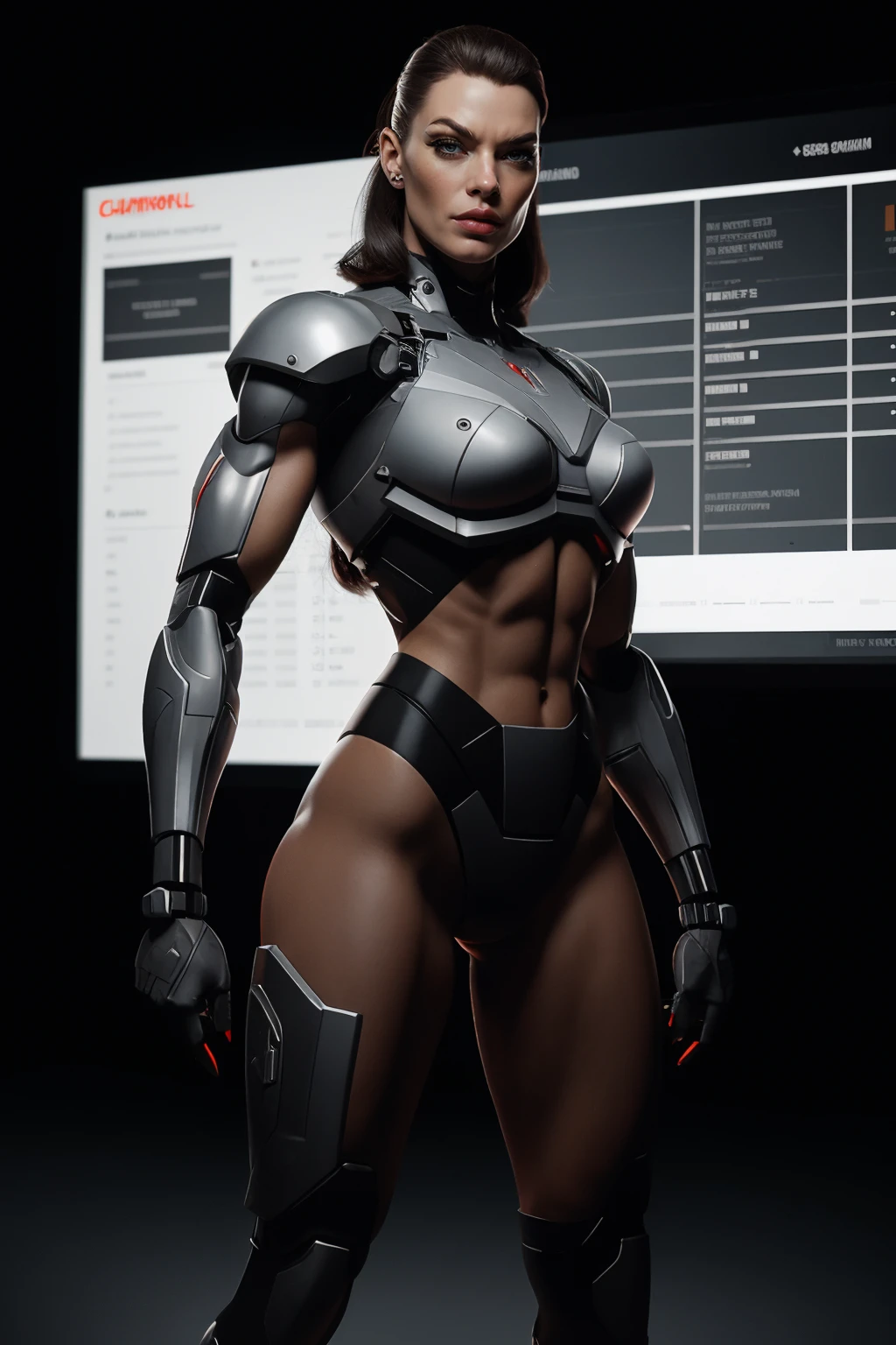 sn3dm, cyborg woman solider, standing in the command center with a gun, cinematic, high detail, masterpiece  <lora:SN3DM_sd15_scaled_v2-000010:0.75> sn3dm