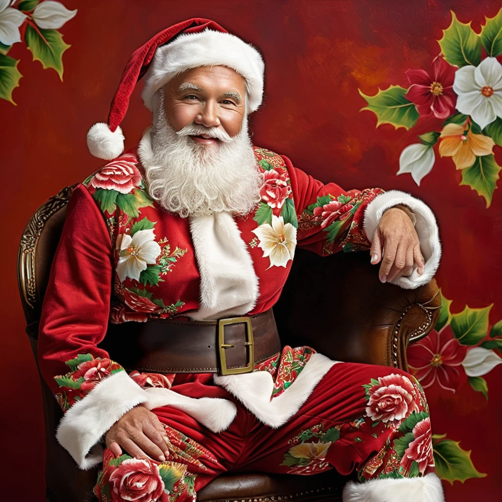 Create an oil painting style image featuring a figure dressed as Santa Claus, adorned with intricate floral patterns on the costume. The Santa figure should exude warmth and joy, with a soft, glowing background that complements the festive theme. Focus on the rich textures of the fabric, ensuring the floral designs on Santa's suit are vivid and detailed, contrasting beautifully against the traditional red and white colors. Include subtle highlights to capture the gentle play of light, enhancing the overall depth and dimensionality of the painting, <lora:haka_flower:0.8>