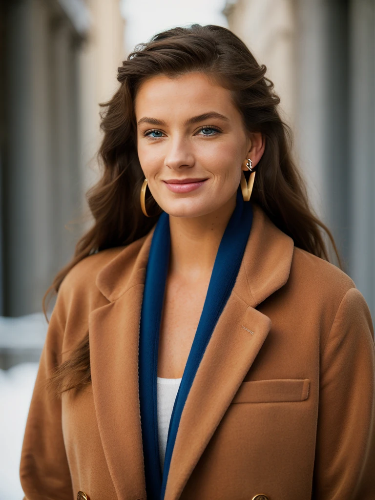 A beautiful p4ul1n4p woman, 1girl,solo,long hair,smile,blue eyes,brown hair,jewelry,earrings,scarf,lips,coat,realistic,soft lighting, professional Photography, Photorealistic, detailed, RAW, analog, sharp focus, 8k, HD, high quality, masterpiece<lora:p4ul1n4p:1.0>
