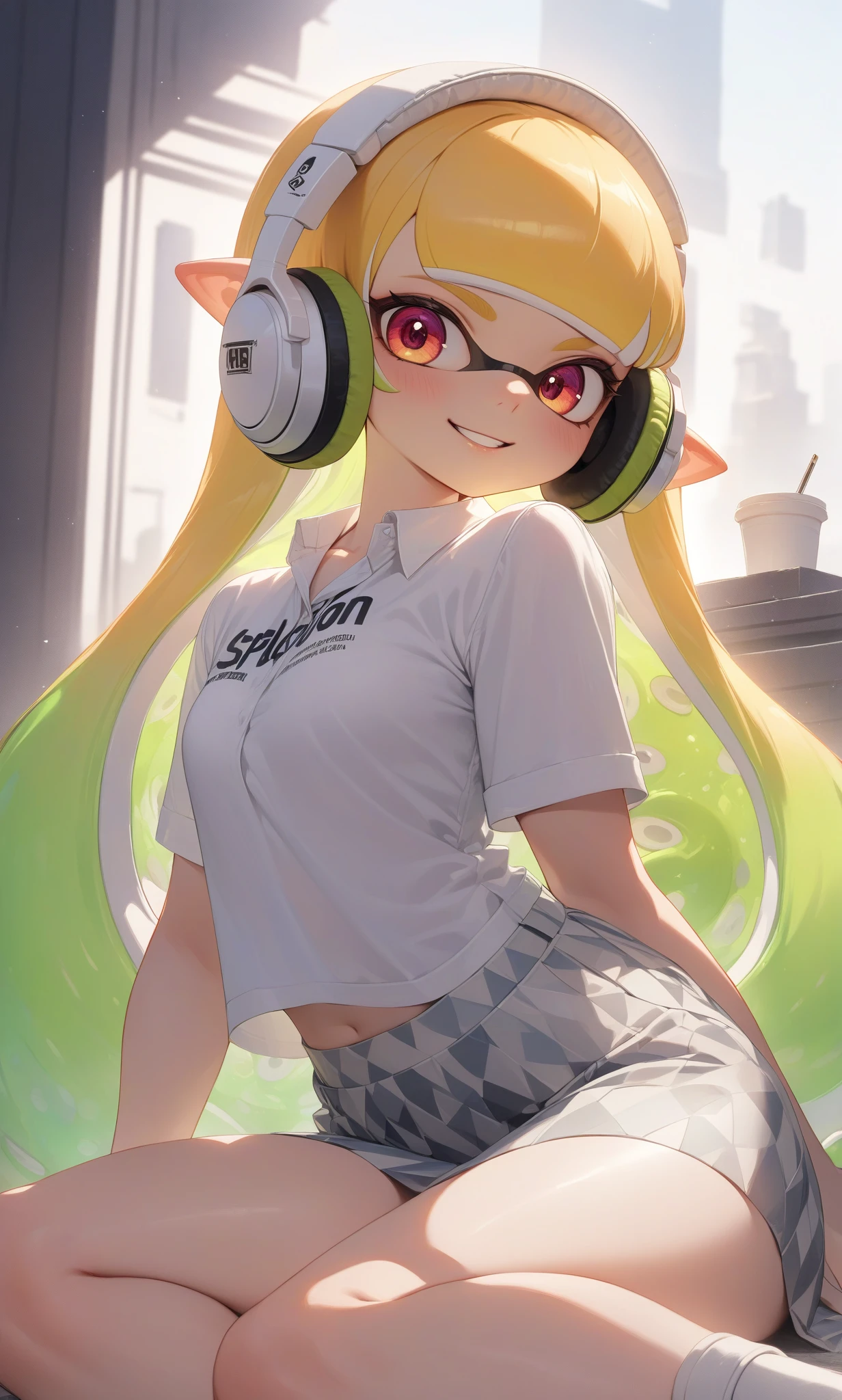 masterpiece, best quality, high quality, 1girl, (splatoon inkling, transparent tentacles, translucent white shirt, subsurface scattering), gradient hair, headphones, amazing composition, incredible lighting, saturated color, vibrant, <lora:SplatoonInkling_v030:1>, argyle pattern, realistic lighting, HD, modern patterned skirt, fashionable, fashion model, smiling, teeth