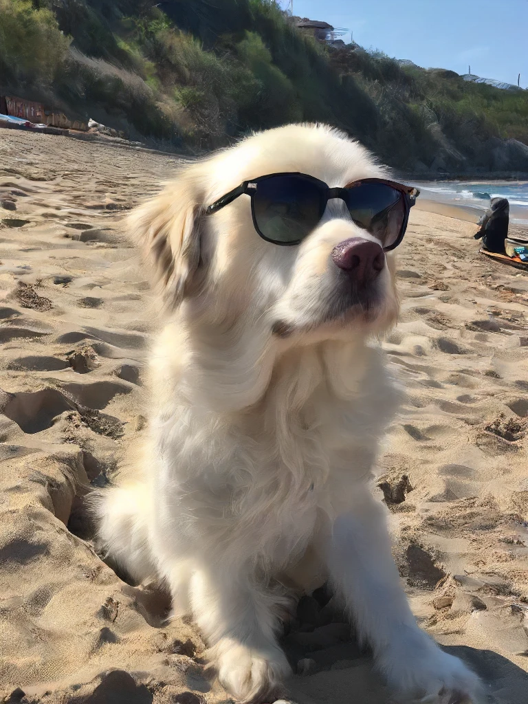 a dog sitting on a sunny beach and is wearing sunglasses, detailed, high quality