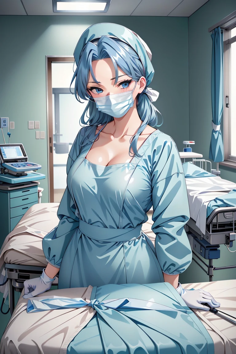 ((masterpiece, best quality,lower_body)), operating table,medical monitors,hospital bed,  <lora:Ryouko Makimura:0.7> (ryouko makimura, 1girl, solo, blue hair, blue eyes, long hair, collarbone, cleavage,mature_female), <lora:surgical_v3:0.9> (surgical_uniform_3.0, surgical mask, gloves,surgical cap,long sleeves),