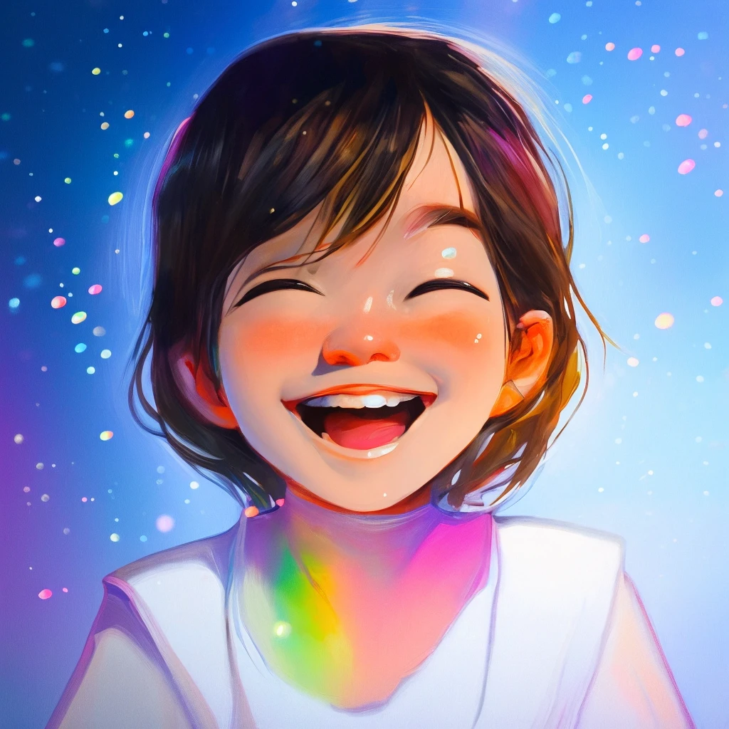 a Girl, laughing, Colorful colors, surrounded by water bubbles, in the style of Kawacy, Masterpiece, Oil painting drawn in anime style, head close - up, exaggerated perspective, Tyndall effect, water drops, mother - of - pearl iridescence, Holographic white,