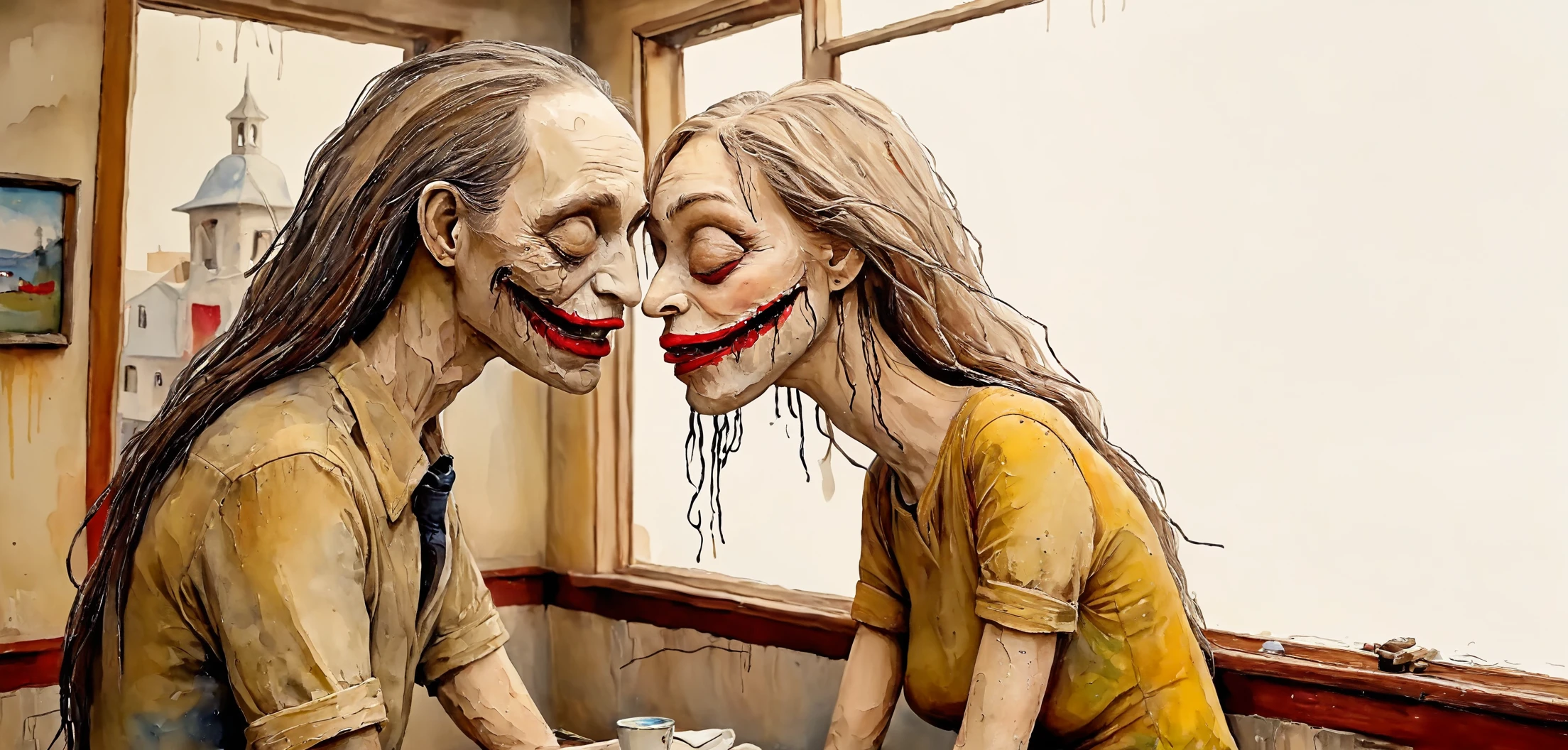 grotesque husband kissing each other