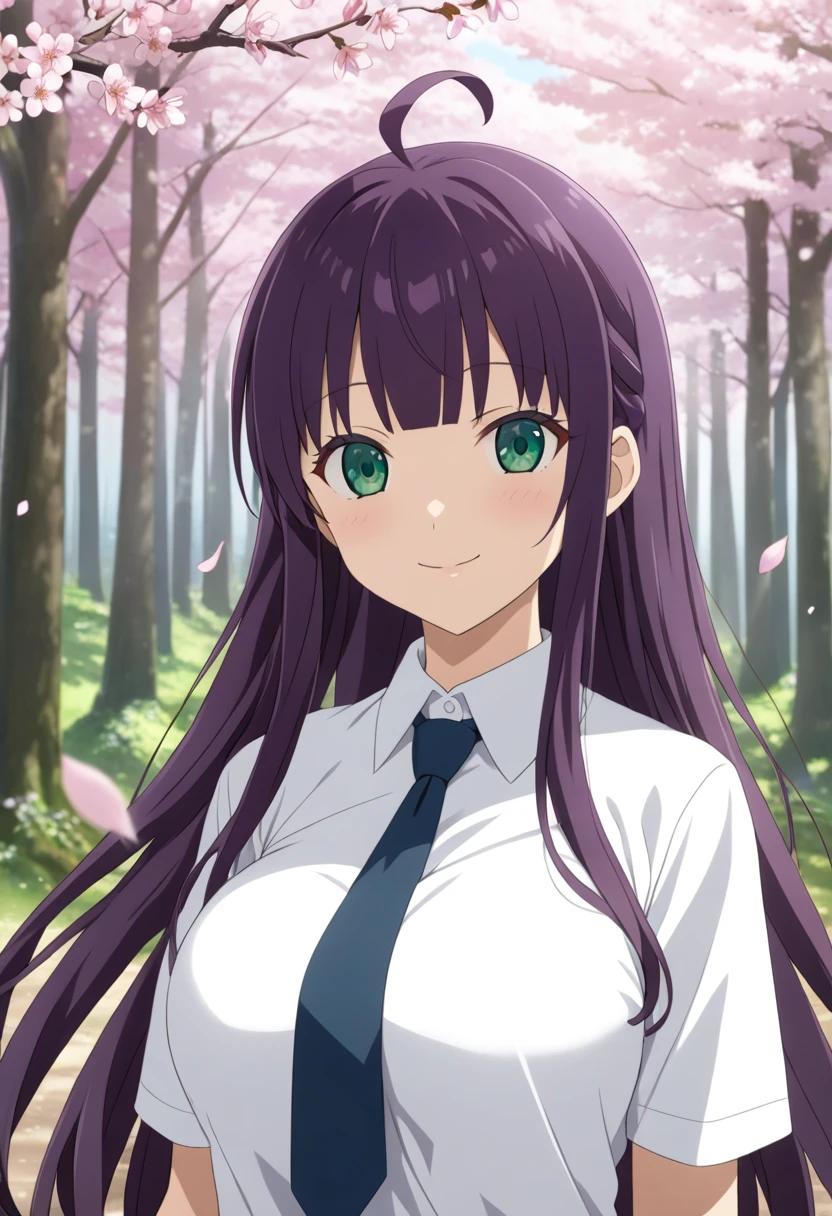1girl, solo,
long hair, wavy hair, purple hair, green eyes, blunt bangs, large breasts, white shirt, collared shirt, necktie, smile, ahoge,
forest, cherry blossoms, blurry background, wind, falling petals, asanagi, yano mitsuki \(nanairo\), anime screencap,
masterpiece, best quality,