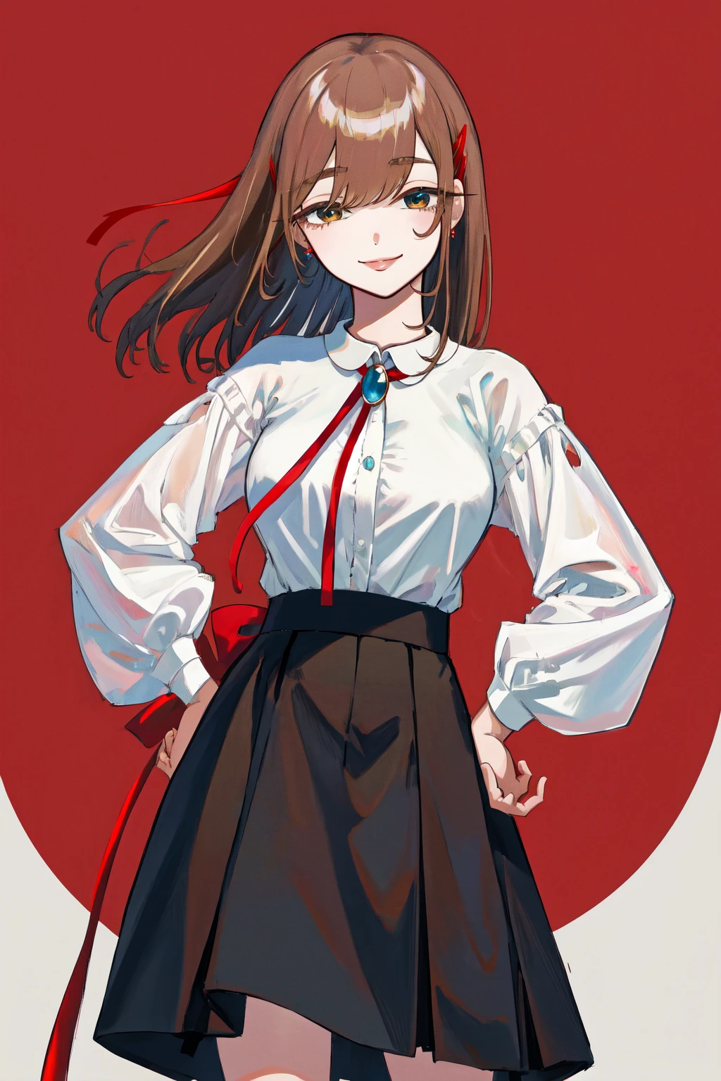 masterpiece, best quality, highres, 1girl kusakabe hiyori brown hair, black skirt neck ribbon red ribbon jewelry white dress <lora:kusakabe_hiyori_d32:1> hand on hip, smile