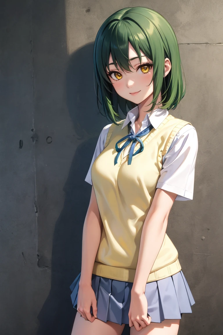 masterpiece, best quality, absurdres, 1girl, solo, green hair, medium hair, yellow eyes, medium breasts, SakuragaokaSummer, sakuragaoka high school uniform, sweater vest, neck ribbon, short sleeves, grey skirt, smile, <lora:SakuragaokaHighSchoolUniform:1.0>