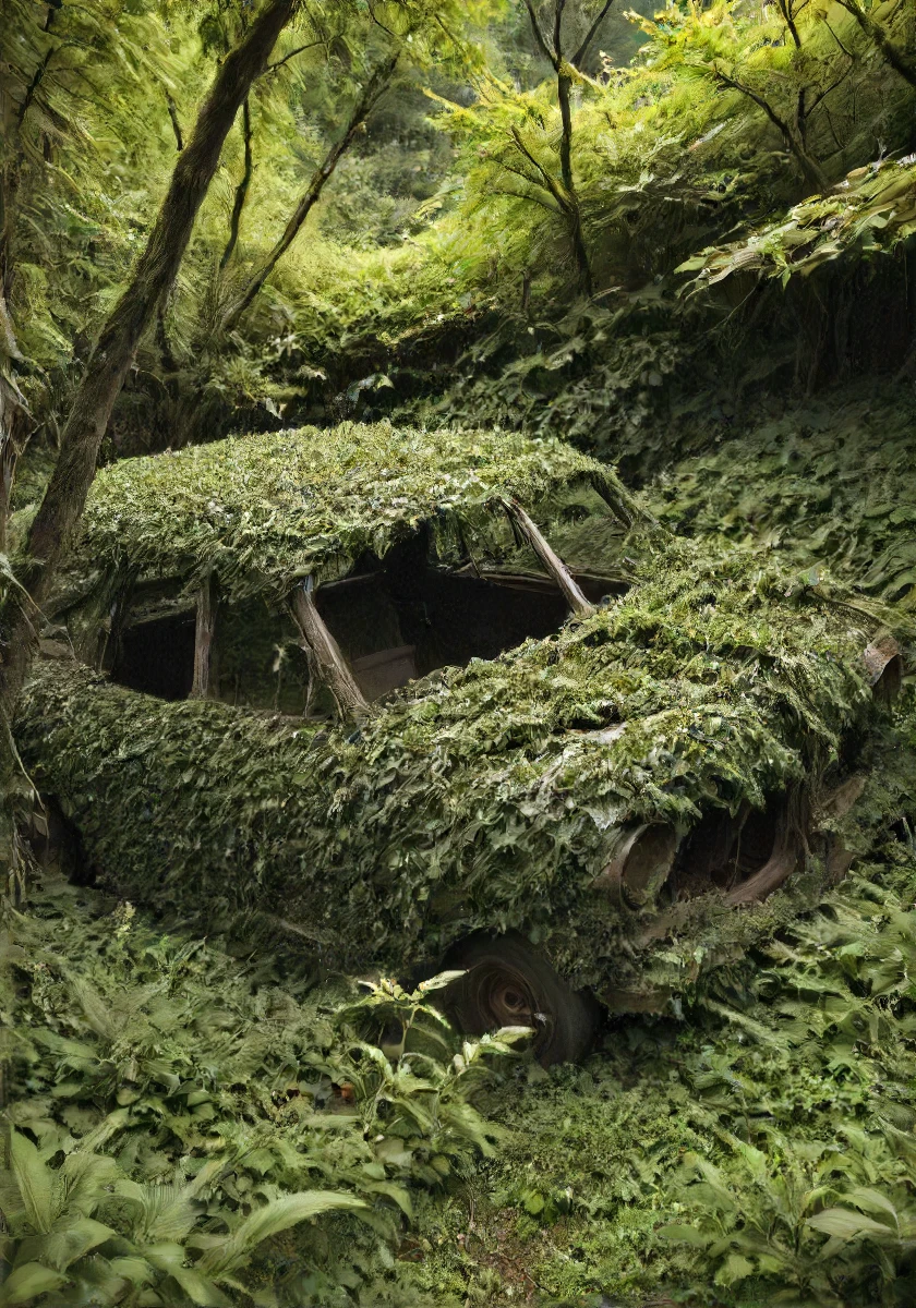 an old car glad in shrubbery and (twigs:1.1) and branches, <lora:- SDXL - shrubbery_n_green-stuff_V1.0:.8>