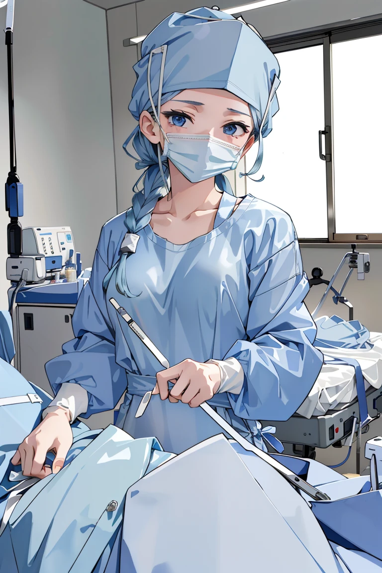 ((masterpiece, best quality,lower_body)), operating table,medical monitors,hospital bed,  <lora:Ryouko Makimura:0.7> (ryouko makimura, 1girl, solo, blue hair, blue eyes, long hair, collarbone, cleavage,mature_female),  <lora:ConceptClothingSurgicalOutfit1_1:0.95> ((surgical outfit, surgical mask, long sleeves,long dress, surgical cap,latex gloves, folded hair)),