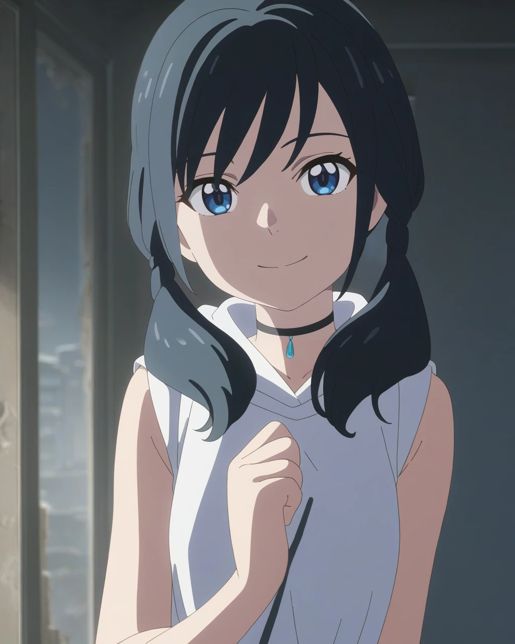 best quality,masterpiece,highres,absurdres,1girl,solo,newest,rating: general,  <lora:Amano_Hina_XL-step00001400:0.75> ,(hina_xl, twintails, blue eyes, low twintails, hood, black choker, sleeveless, anime coloring),looking at viewer,smile,abandoned building