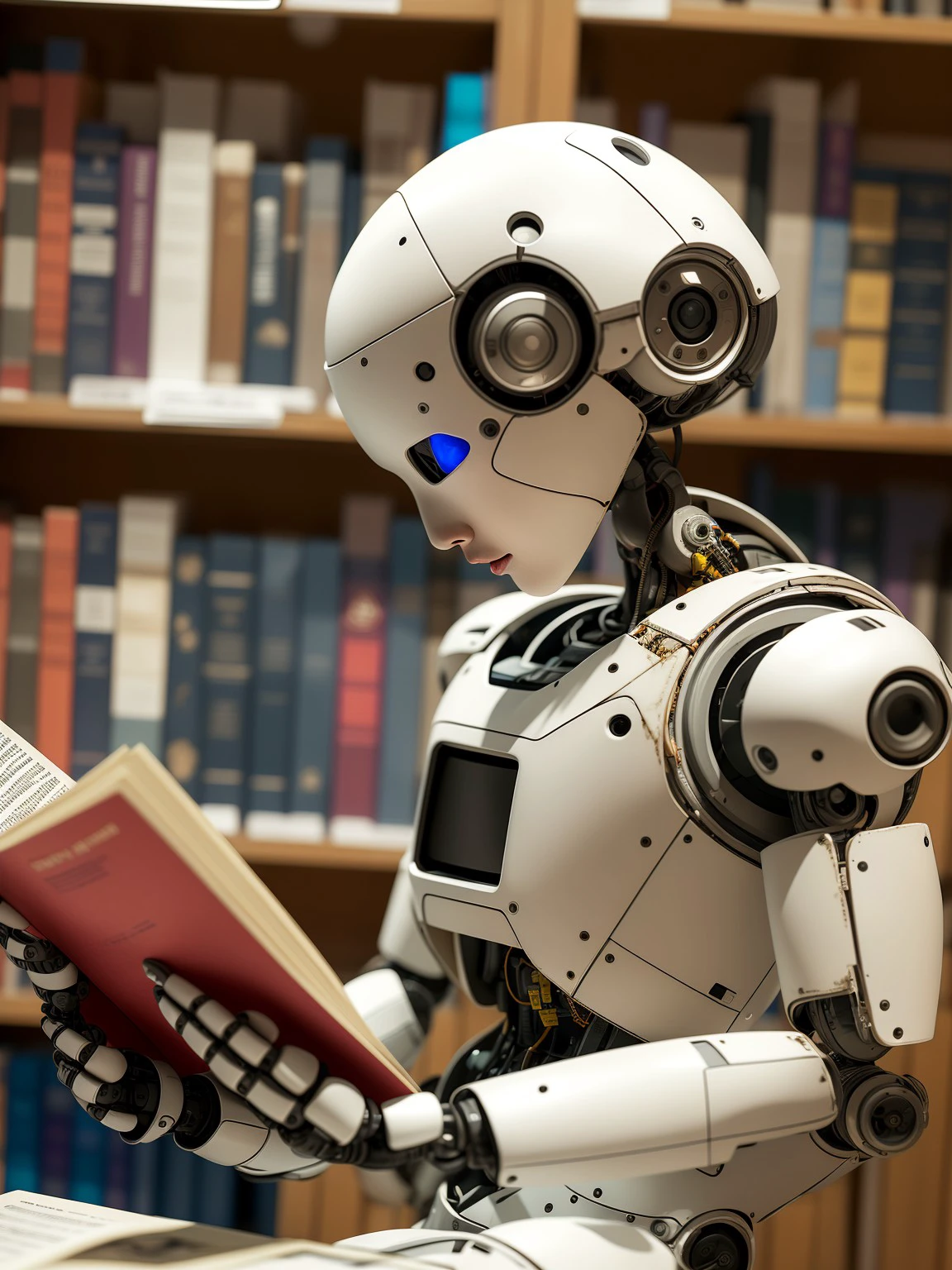 masterpiece, high quality, a robot cute girl, reading in the library <lora:J_sci-fi-000014:0.8> j_sci-fi