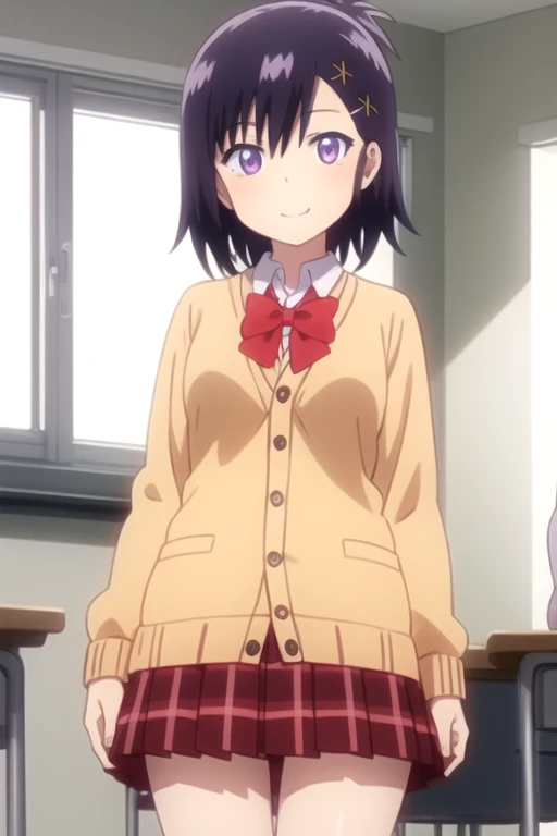 ((masterpiece)),(best quality),official art,extremely detailed CG,unity 8k wallpaper,ultra detailed,beautiful detailed eyes,extremely detailed face,classroom,1girl,solo,cowboy shot,looking at viewer,facing viewer,smile,short_hair,purple_hair,topknot,x_hair_ornament,hairclip,hair_between_eyes,purple_eyes,orange_cardigan,red_bowtie,collared_shirt,white_shirt,medium_breasts,red_skirt,plaid_skirt,pleated_skirt,black_socks,uwabaki,<lora:Vignette Tsukinose April(gdp)>,