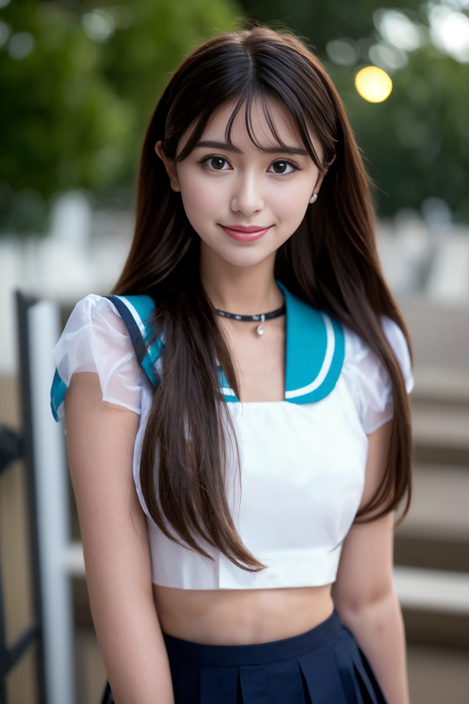 <lora:o_aya_v01:0.9>, 
 (8k, RAW photo, best quality, masterpiece:1.2), (realistic, photo-realistic:1.37), omertosa,1girl, blurry background,city, sunlight,professional lighting, photon mapping, radiosity, physically-based rendering, backlight bokeh, blurry background,smile, ((black choker)), red lips, student ,((lights shinning on the face))
head portrait
,
sunlight, ((outdoors)) ,((light shinning on the hair))
((millitary uniform,bare midriff,school uniform)),
((long hair)), ((floating hair)), black hair,wavy hair, glowing hair,
135mm lens,,big breast,red lips,