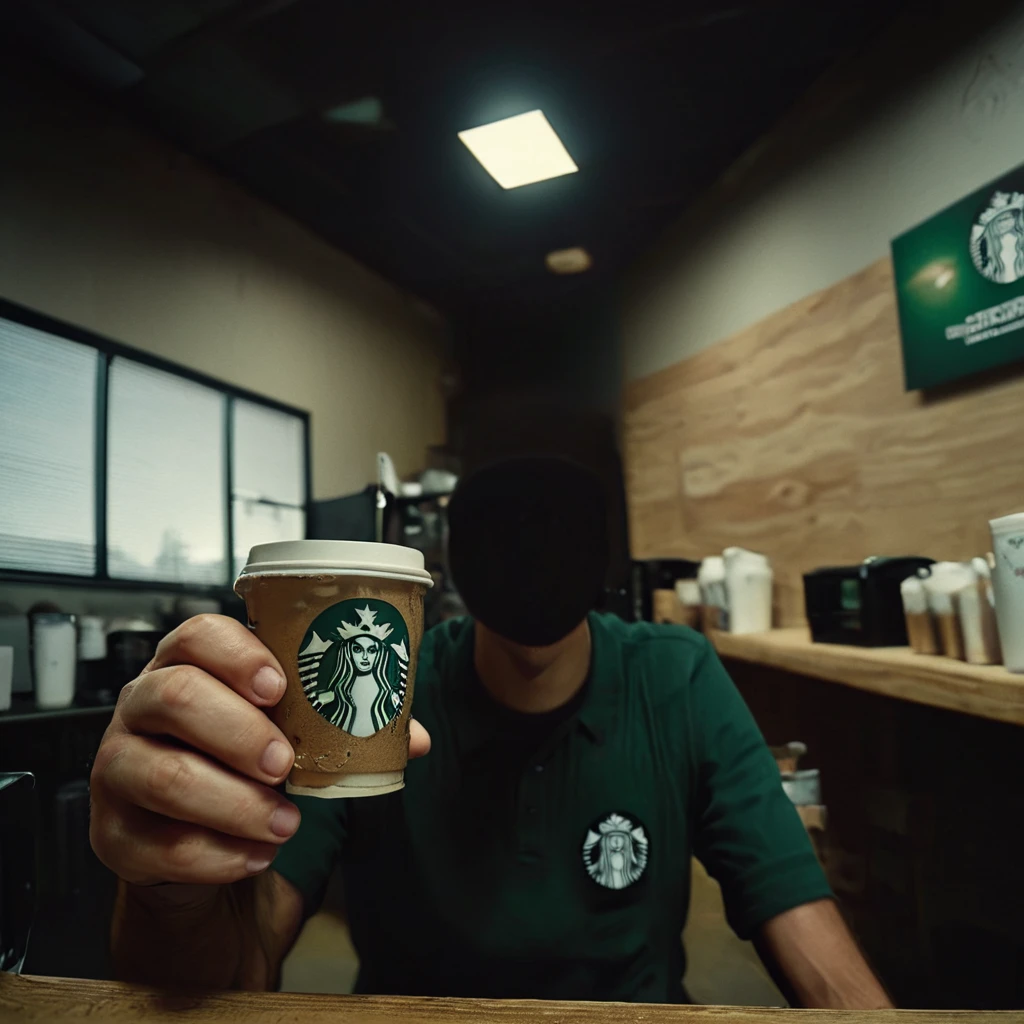 A first person perspective as a young 23 year old male Starbucks employee hands you coffee, cinematic background, rich vivid colors, ambient atmosphere, sharp focus, intricate, fine detail, elegant, highly detailed, formal, professional, clear excellent, dramatic, dynamic, vibrant, beautiful, inspired, pretty, attractive, artistic, color, illuminated, extremely inspirational, cute, epic, stunning