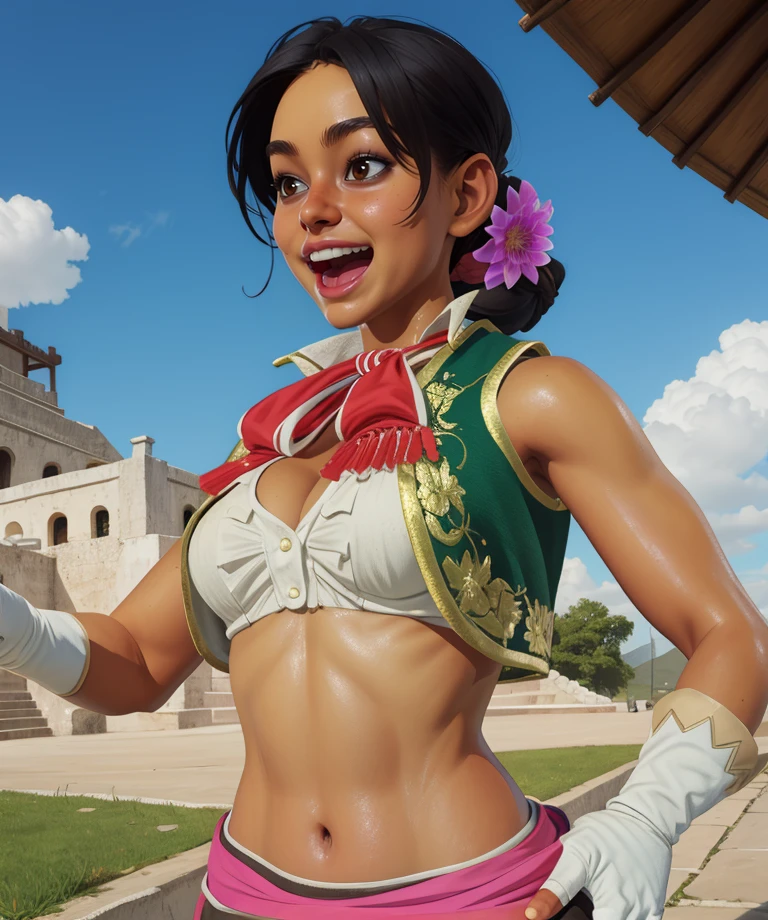 Lily,black hair,brown eyes,smile,open mouth,
cropped vest,sash,sleeveless,white fingerless gloves,midriff,hair flower,
toned,cleavage,
village,mexico,morning,
(insanely detailed, masterpiece, best quality),solo,<lora:LilyhawkS3:0.8>,