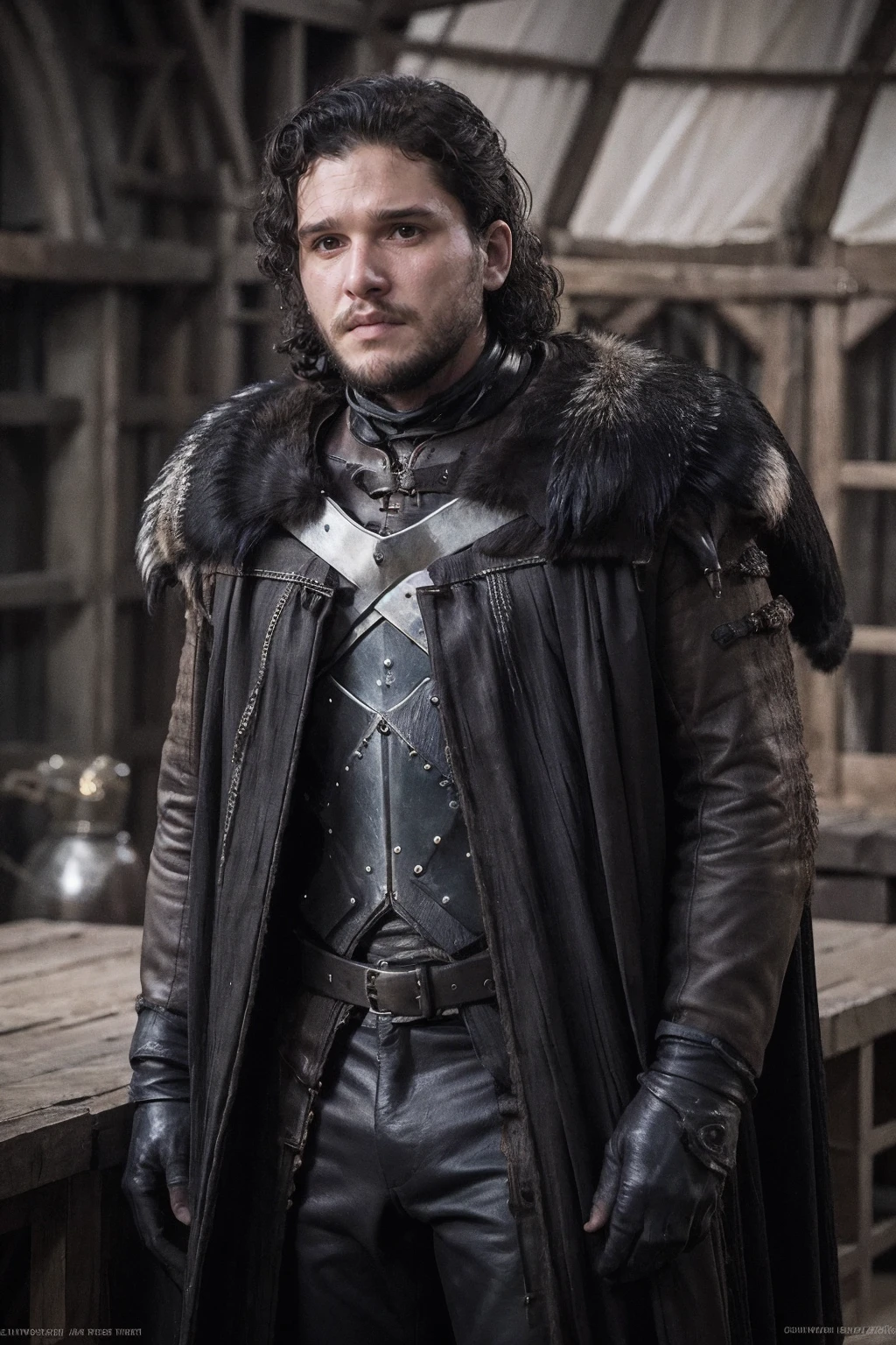 kitharington, a man, wearing medieval armor and fur clothes in greenhouse <lora:kitharington:0.85>