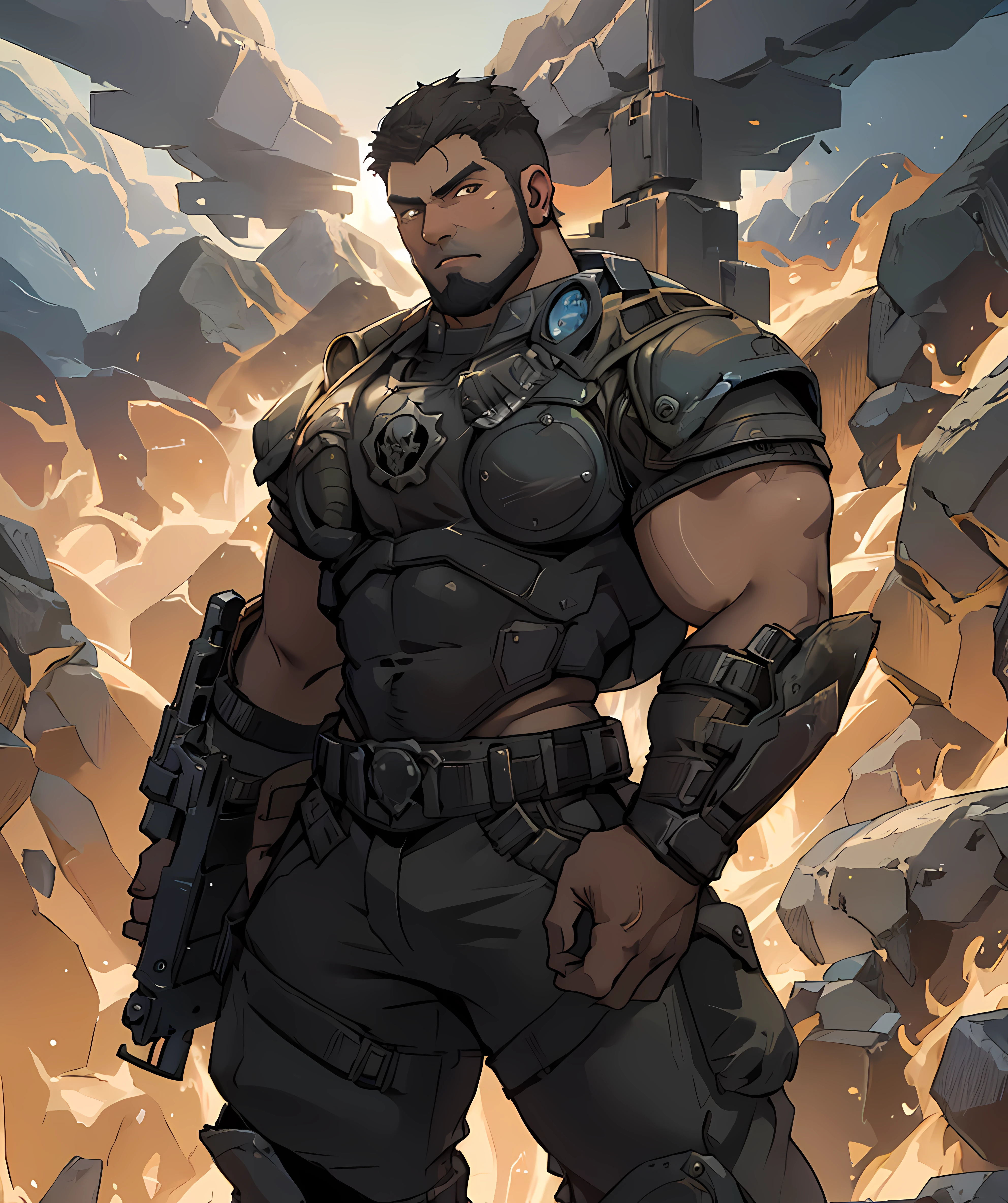 dominic_santiago, standing, looking at viewer, mountain, daytime, sunny, (muscular:1.2, big muscle), short hair, dark skin <lora:Dom_Santiago:0.85>