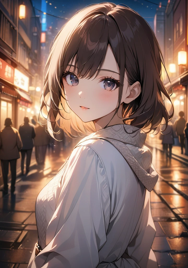 masterpiece, best quality, ultra detailed, detailed eyes, sparkling eyes, The image depicts a young woman standing in a nighttime urban setting, possibly a bustling city street illuminated by vibrant lights and signs in the background. She has long, flowing brown hair adorned with a hairpin, and striking green eyes that give her a captivating and slightly melancholic expression. Her attire is stylish and modern, consisting of a white cardigan partially open to reveal a dark top underneath, which highlights delicate lace detailing. She also wears a pleated skirt that complements her overall fashionable appearance. The woman is accessorized with a small pendant necklace and a black handbag slung over her shoulder. The background is blurred but suggestive of an active nightlife scene, with neon signs and the glow of streetlights creating a warm, inviting atmosphere. The composition and lighting of the image contribute to a soft, almost ethereal quality, enhancing the character's beauty and the setting's charm.