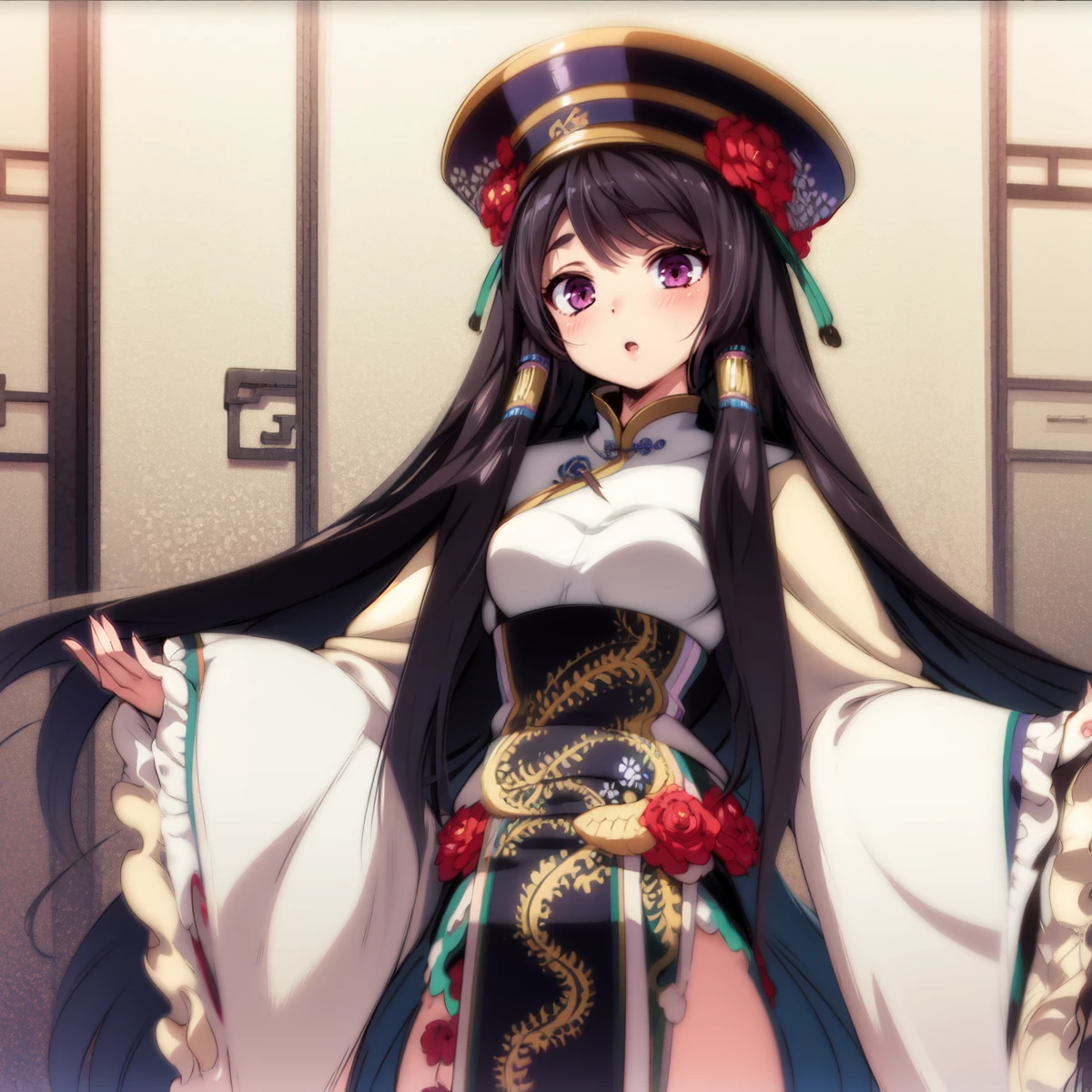 masterpiece, anime screencap, 1 girl, solo, long hair, black hair, chinese clothes, hat, full body, cowboy shot, indoors <lora:Dan Fei:1>