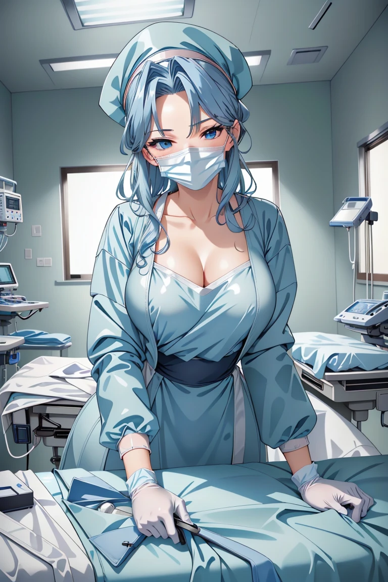 ((masterpiece, best quality,lower_body)), operating table,medical monitors,hospital bed,  <lora:Ryouko Makimura:0.7> (ryouko makimura, 1girl, solo, blue hair, blue eyes, long hair, collarbone, cleavage,mature_female), <lora:surgical_v3:0.9> (surgical_uniform_3.0, surgical mask, gloves,surgical cap,long sleeves),