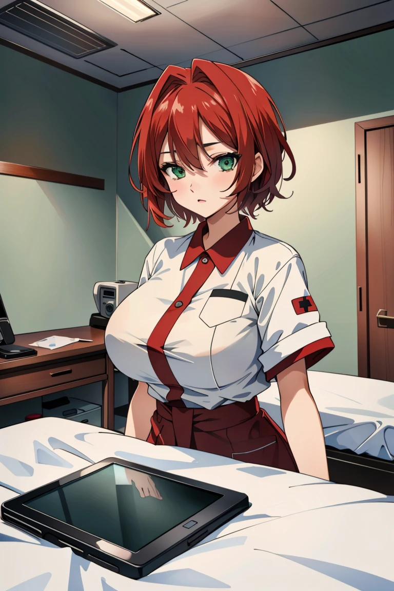 ((masterpiece, best quality,lower_body)), operating table,medical monitors,hospital bed, <lora:Kazumi Takayama:0.7> (kazumi takayama, short hair, green eyes, red hair, large breasts),