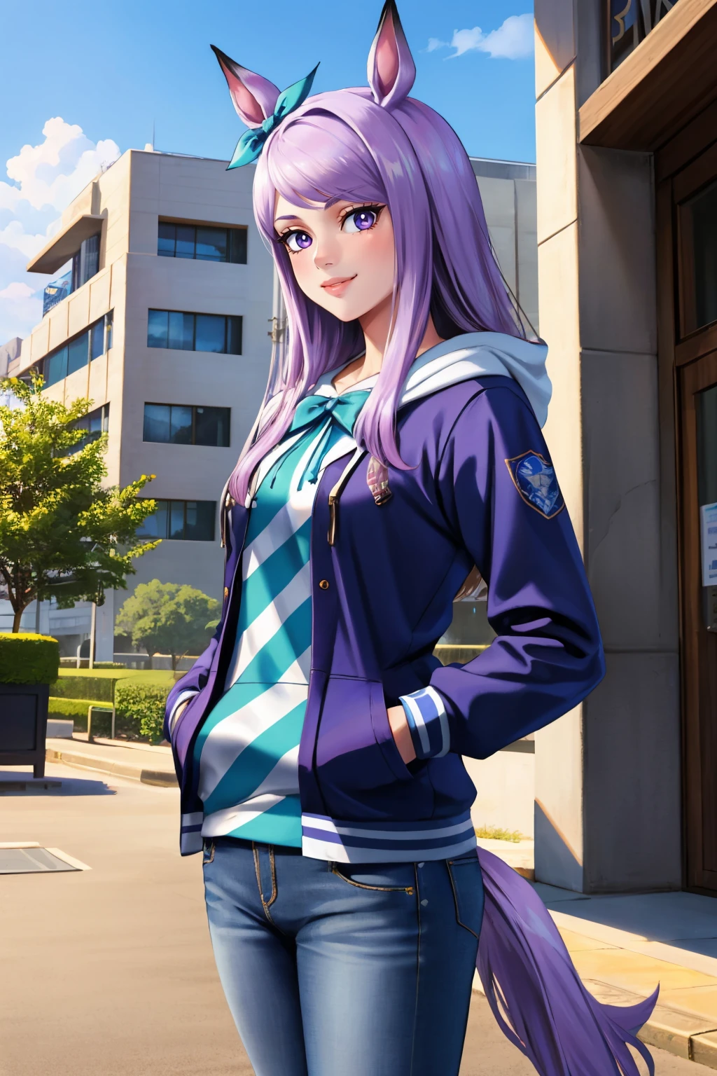 (masterpiece, best quality:1.2), solo, 1girl, mejiro mcqueen, smile, looking at viewer, hands in pockets, horse ears, ear ribbon, hoodie, long sleeves, jeans, horse tail, outdoors, city street <lora:umamusume_mejiromcqueen:1>