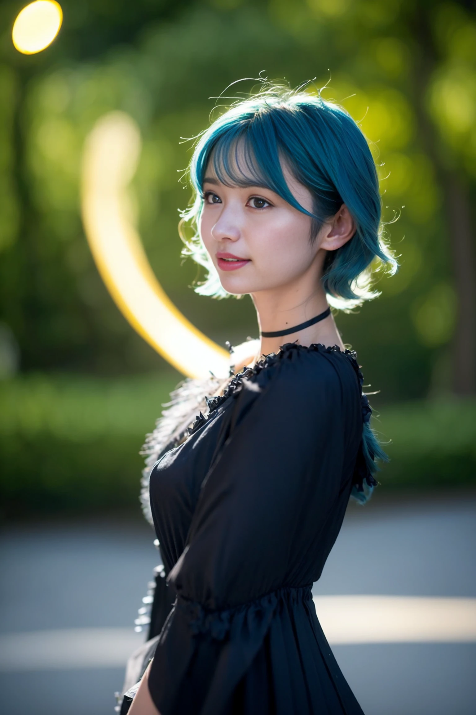 <lora:o_aya_v01:0.9>, 
 (8k, RAW photo, best quality, masterpiece:1.2), (realistic, photo-realistic:1.37), omertosa,1girl, blurry background,city, sunlight,professional lighting, photon mapping, radiosity, physically-based rendering, backlight bokeh, blurry background, ((black choker)), red lips, student ,((lights shinning on the face))
head portrait
,
sunlight, ((outdoors)) ,((light shinning on the hair))
((t-shirt)),
((short hair)), ((floating hair)), blue hair,wavy hair, glowing hair,
135mm lens,,big breast,red lips,