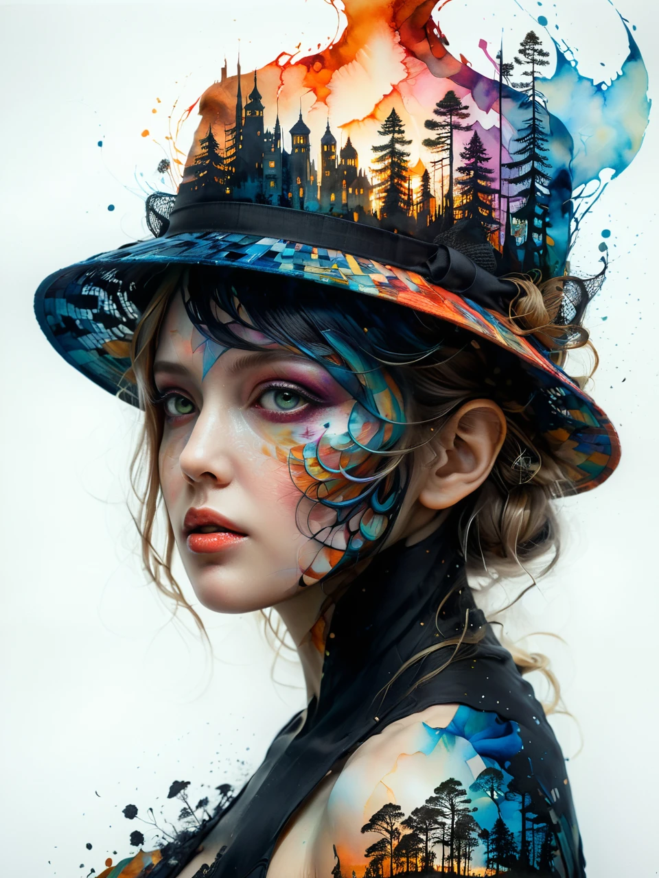 mysterious silhouette woman with hat, by Minjae Lee, Carne Griffiths, Emily Kell, Steve McCurry, Geoffroy Thoorens, Aaron Horkey, Jordan Grimmer, Greg Rutkowski, amazing depth, double exposure, surreal, geometric patterns, intricately detailed, bokeh, perfect balanced, deep fine borders, artistic photorealism , smooth, great masterwork by head of prompt engineering <lora:add-detail-xl:2> <lora:Double_Exposure:0.5> hyperkraximalism <lora:hyperkraximalism:0.72>
