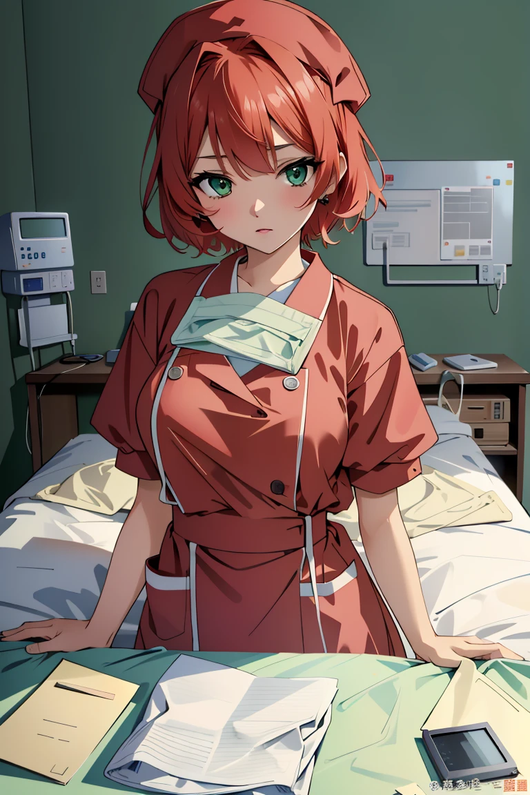 ((masterpiece, best quality,lower_body)), operating table,medical monitors,hospital bed, <lora:Kazumi Takayama:0.7> (kazumi takayama, short hair, green eyes, red hair, large breasts),<lora:concept_surgical_mask_open_v2_1:0.95> (surgical_mask_open, looking at viewer, upper body),