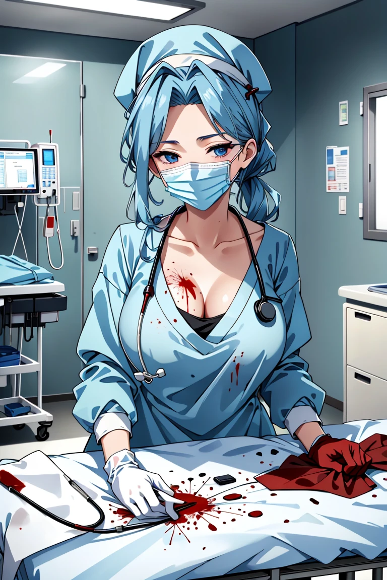 ((masterpiece, best quality,lower_body)), operating table,medical monitors,hospital bed,  <lora:Ryouko Makimura:0.7> (ryouko makimura, 1girl, solo, blue hair, blue eyes, long hair, collarbone, cleavage,mature_female), <lora:bloody_surgeon_v1:0.8>  (bloody_surgeon_v1.0, gloves, mask, surgical mask,surgical cap, stethoscope,latex,long sleeves), blood on face,blood, blood on clothes,