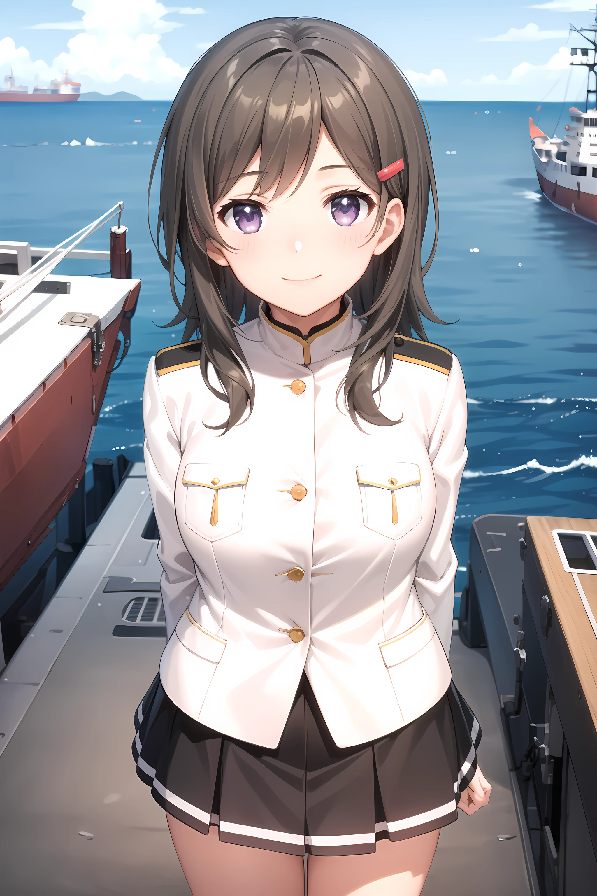 best quality, masterpiece, detailed,
<lora:HighSchoolFleet_ChinaMoeka_1:0.8>, ChinaMoeka,
1girl, closed mouth, light smile,
brown hair, purple eyes, long hair, hairclip,
military uniform, white jacket, breast pocket, black skirt,
standing, looking at viewer, arms at sides,
ocean, (ship, military vehicle:1.2)