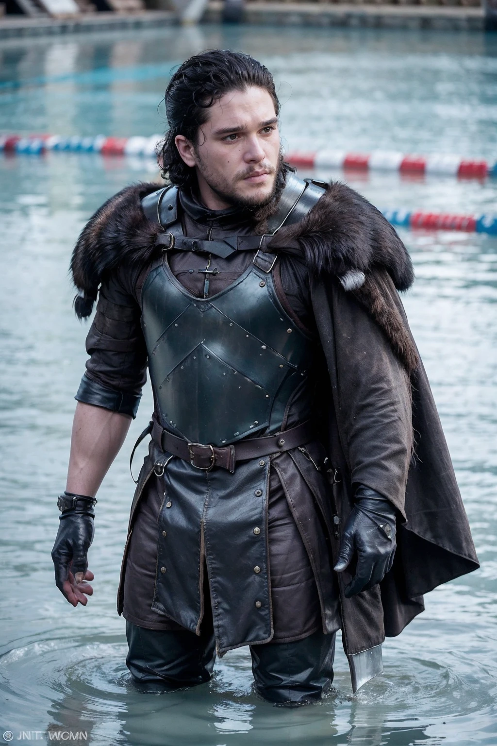 kitharington, a man, wearing medieval armor and fur clothes in swimming pool  <lora:kitharington:0.85>