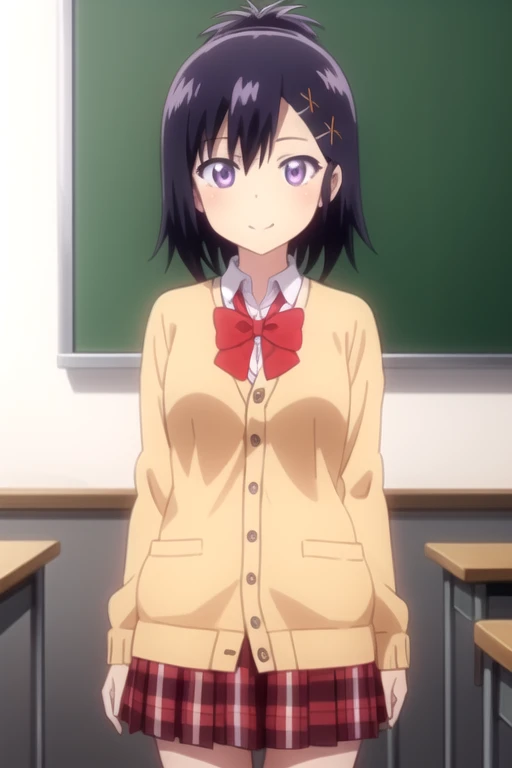 ((masterpiece)),(best quality),official art,extremely detailed CG,unity 8k wallpaper,ultra detailed,beautiful detailed eyes,extremely detailed face,classroom,1girl,solo,cowboy shot,looking at viewer,facing viewer,smile,short_hair,purple_hair,topknot,x_hair_ornament,hairclip,hair_between_eyes,purple_eyes,orange_cardigan,red_bowtie,collared_shirt,white_shirt,medium_breasts,red_skirt,plaid_skirt,pleated_skirt,black_socks,uwabaki,<lora:Vignette Tsukinose April(gdp)>,