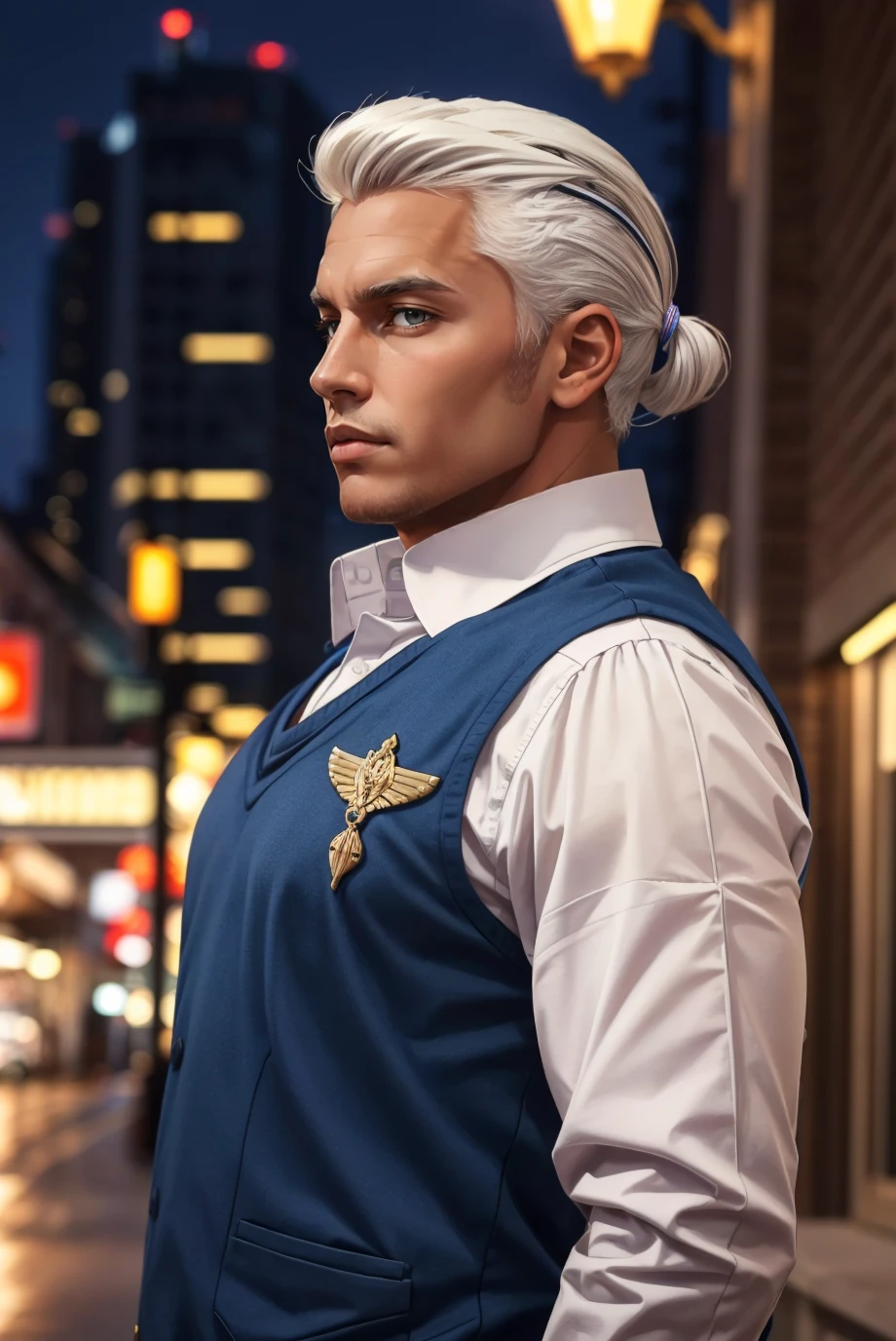 realistic, masterpiece, 1boy, upper body, side view, looking at viewer, <lora:DedueFE3H-bsinky-v1:0.7> defDedue, (dark skin:1.2), white hair, white shirt, long sleeves, blue vest, city street, night