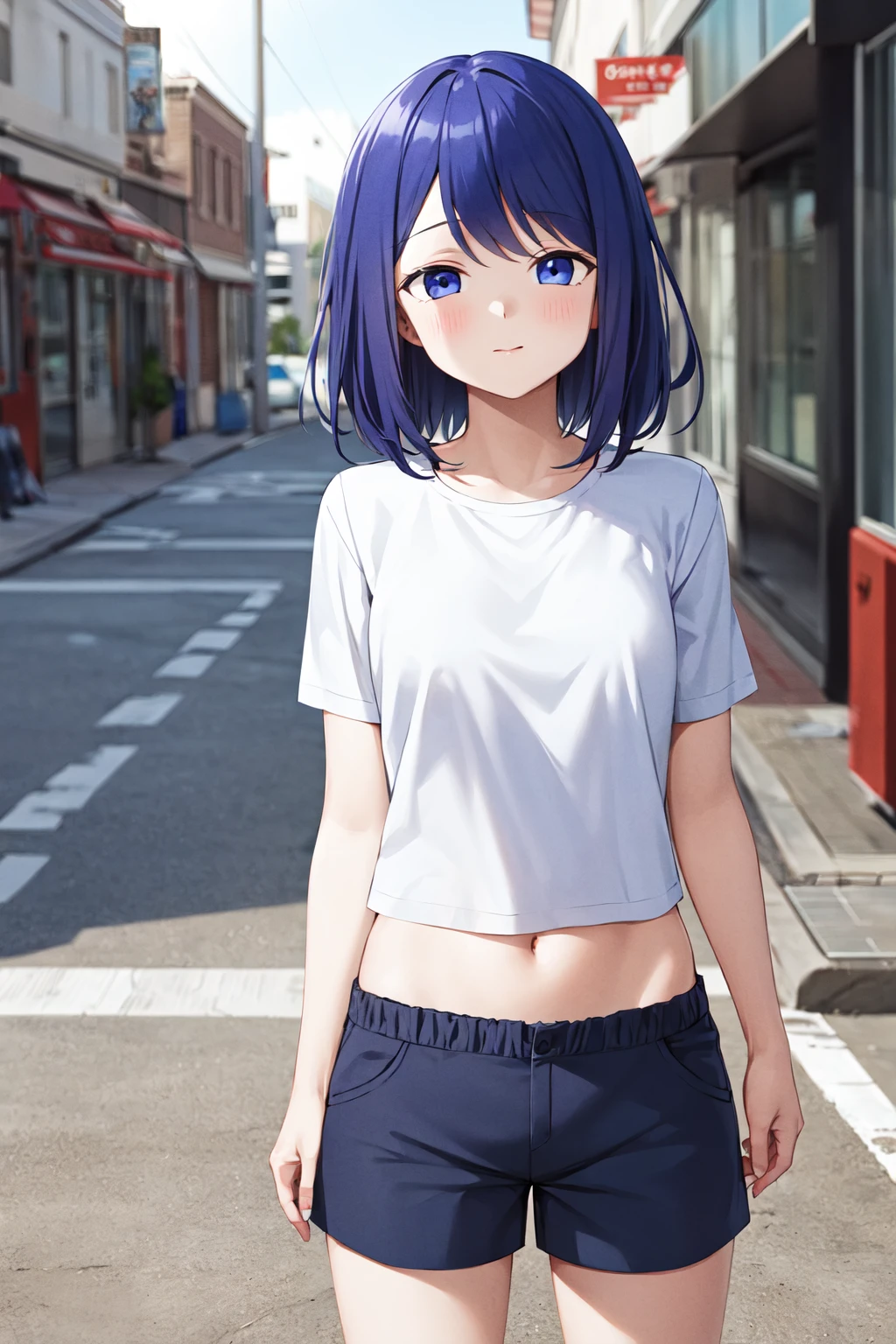 masterpiece, best quality, highres, 1girl, solo, medium hair, blue hair, blue eyes, <lora:kubo_saki_v1:0.7>, t-shirt, midriff, shorts, street, standing, cowboy shot,
