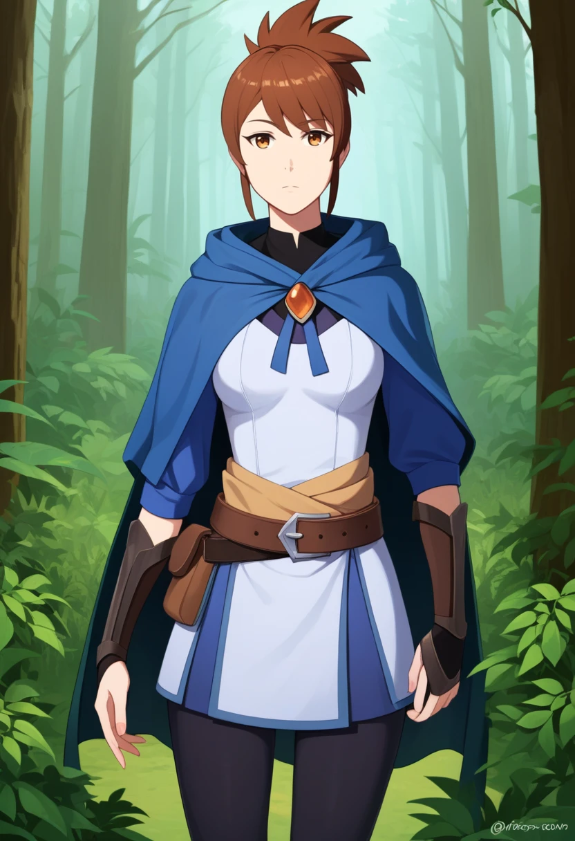 solo, 1girl, marci, expressionless, looking at viewer, ponytail, jacket, brooch, cape, vambraces, leggings, belt, outdoors, forest <lora:dota2_marci_xl-05:1>