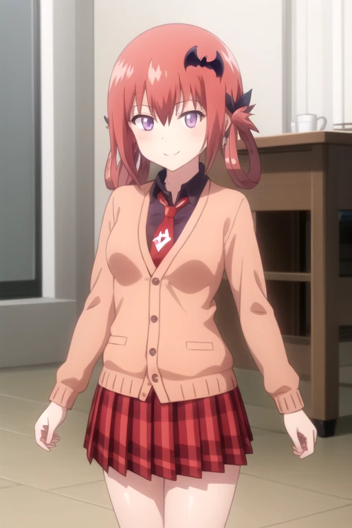 ((masterpiece)),(best quality),official art,extremely detailed CG,unity 8k wallpaper,ultra detailed,beautiful detailed eyes,extremely detailed face,indoors,1girl,solo,cowboy shot,looking at viewer,facing viewer,smile,long hair,red_hair,hair_rings,black_ribbon,bat_hair_ornament,sidelocks,hair between eyes,purple_eyes,orange_cardigan,red_necktie,inverted_cross,collared_shirt,black_shirt,medium_breasts,red_skirt,plaid_skirt,pleated_skirt,black_socks,loafers,<lora:Satanichia Kurumizawa McDowell(gdp)>,